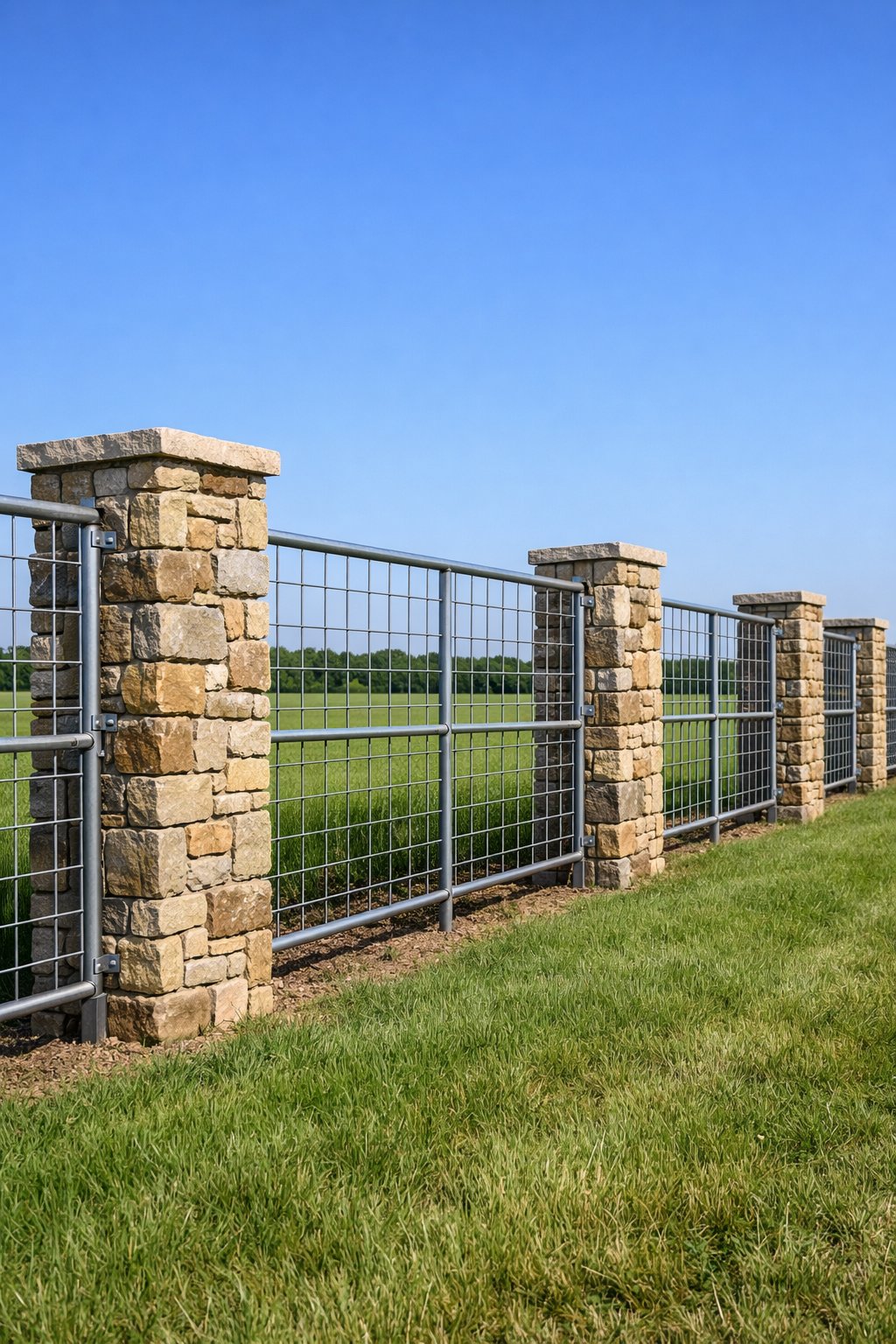 A fence made of metal cattle panels supported by stone pillars in a rural grassy area under a blue sky.
