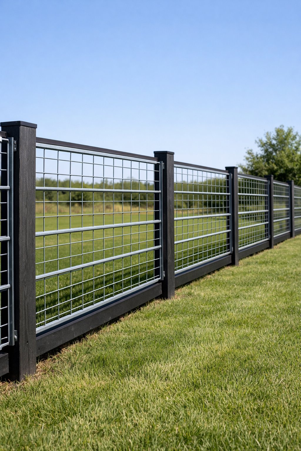 A horizontal cattle panel fence along a grassy area with trees in the background.