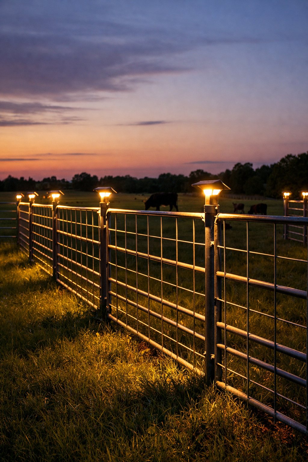 A cattle panel fence illuminated by solar-powered lights at dusk in a rural pasture with cattle grazing nearby.