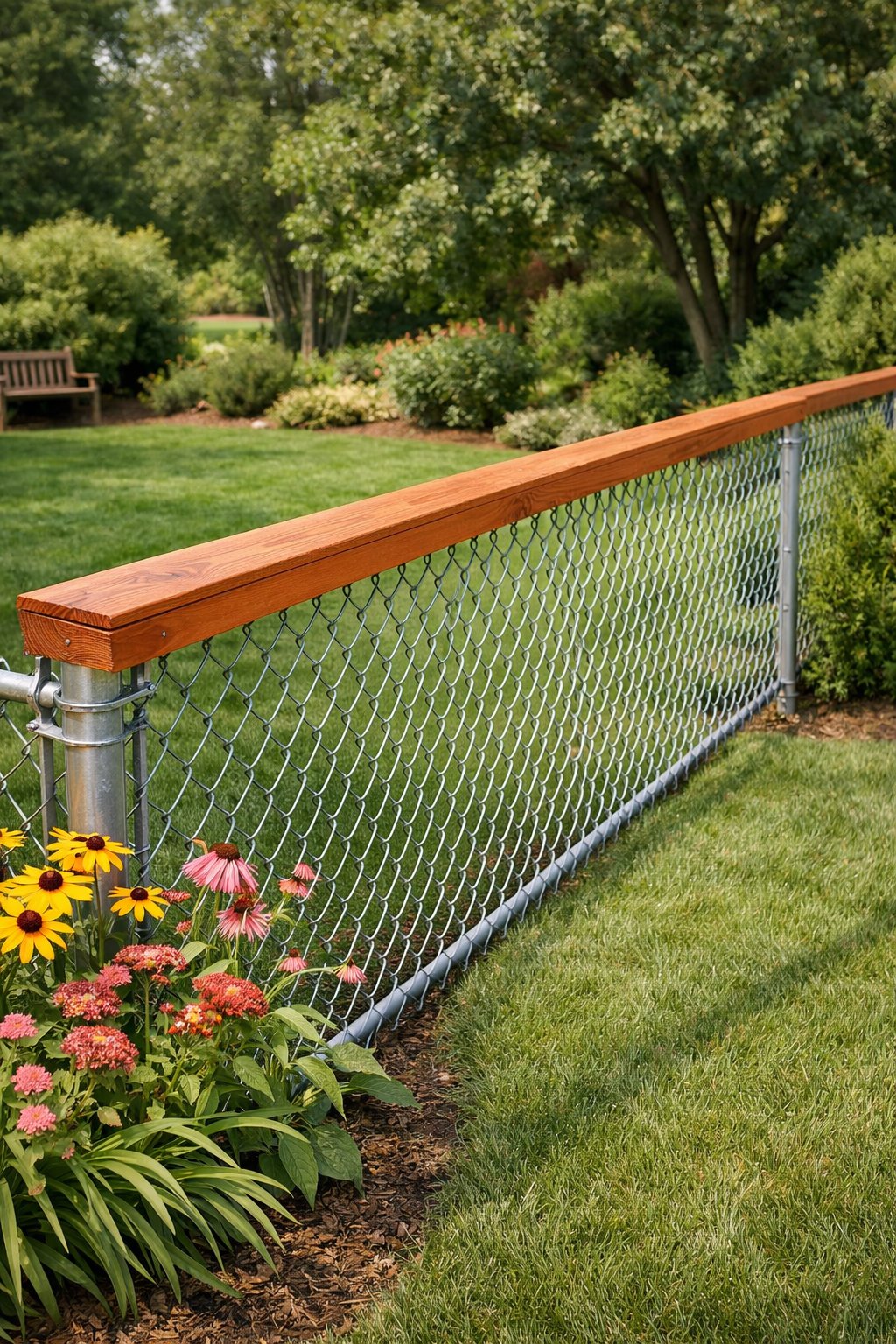 Backyard chain link fence with cedar wooden caps on the top rail surrounded by green lawn and plants.