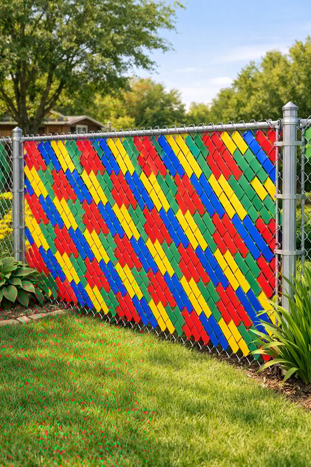 Backyard chain link fence with colorful vinyl slats woven through it and green grass surrounding the fence.