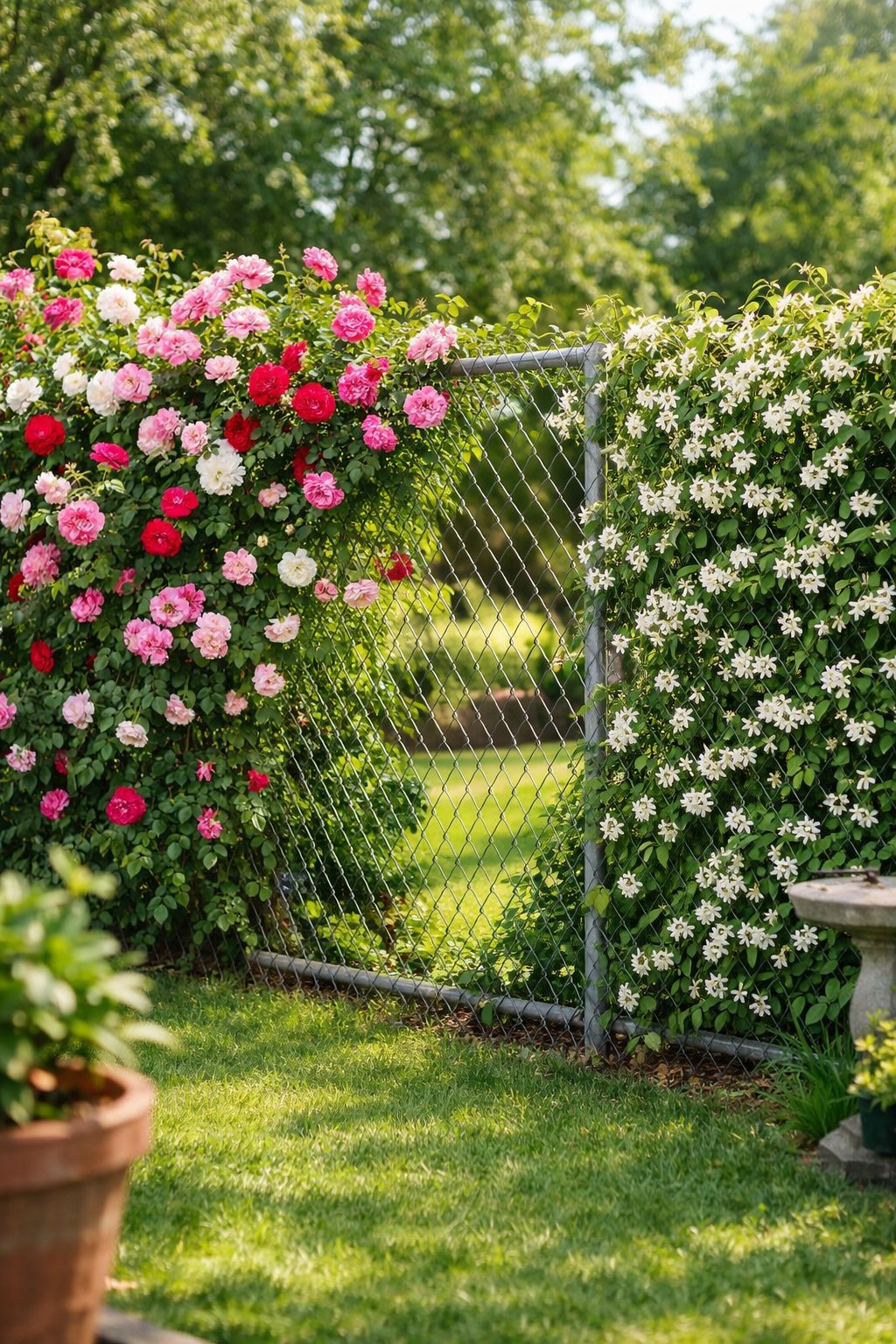 A backyard chain link fence covered with blooming climbing roses or jasmine plants, creating a dense floral screen.