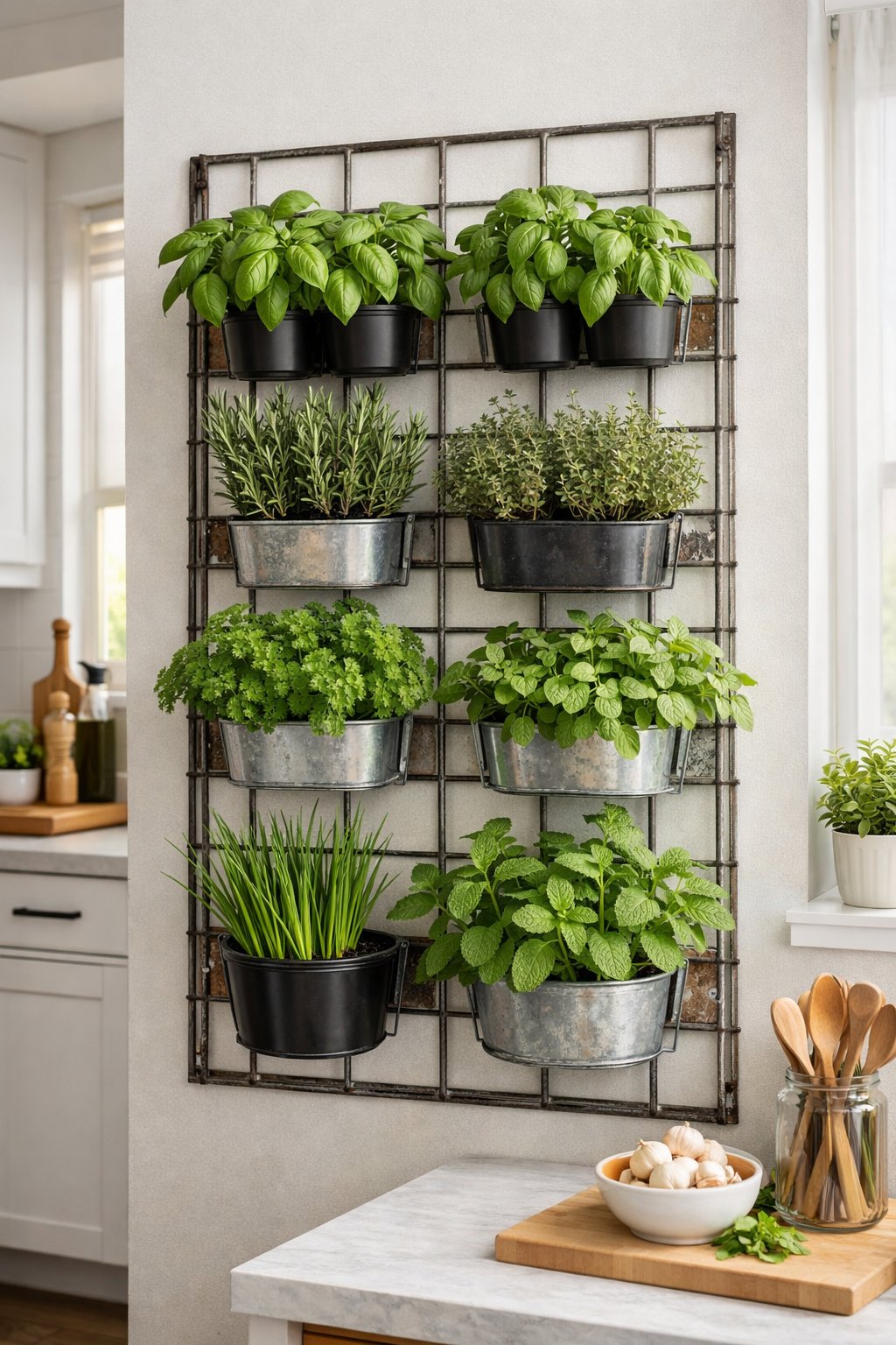 Vertical herb garden made from cattle panels mounted on a kitchen wall with various fresh herbs growing in pots.