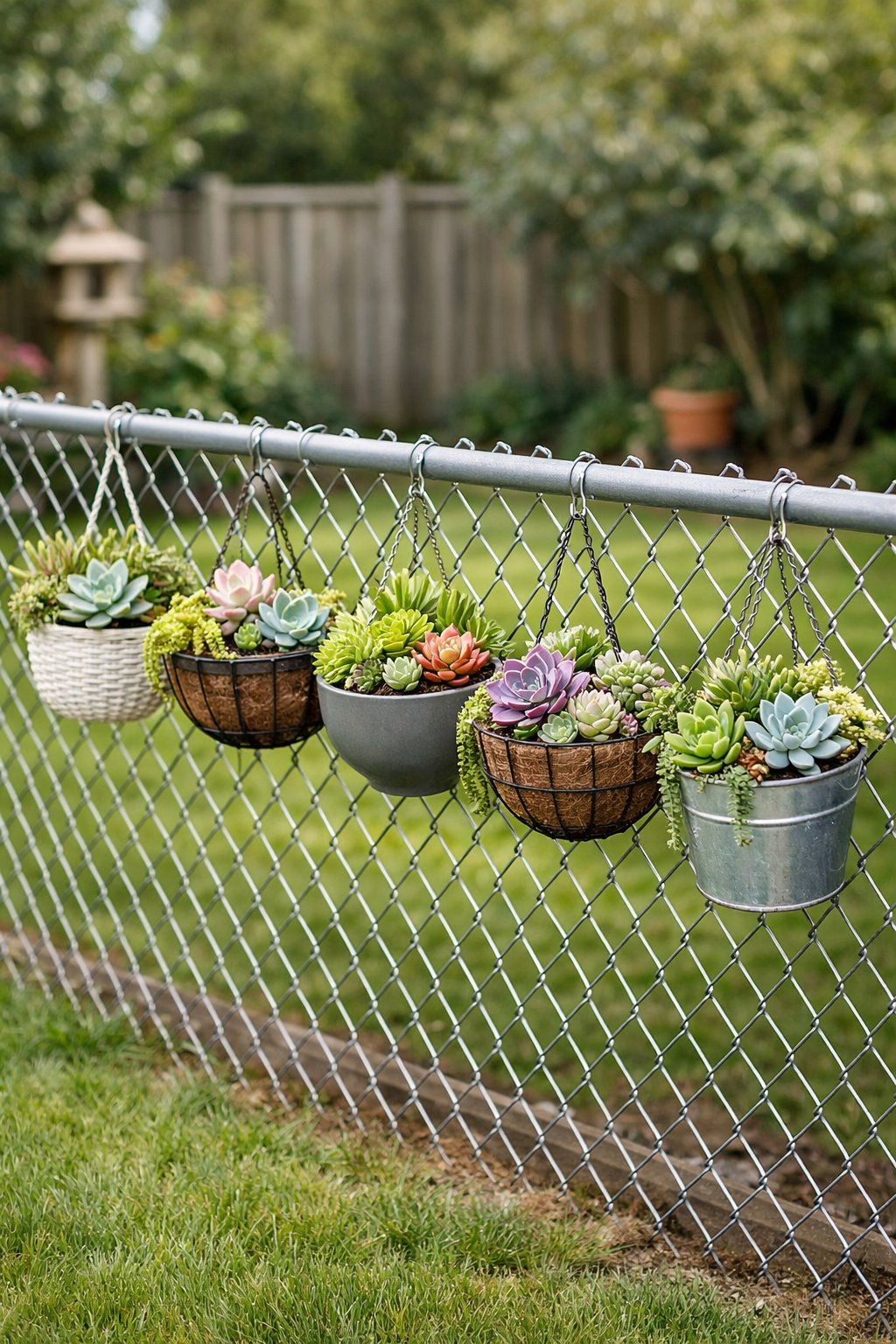 A backyard chain link fence with hanging planters filled with succulents evenly spaced along the fence line.