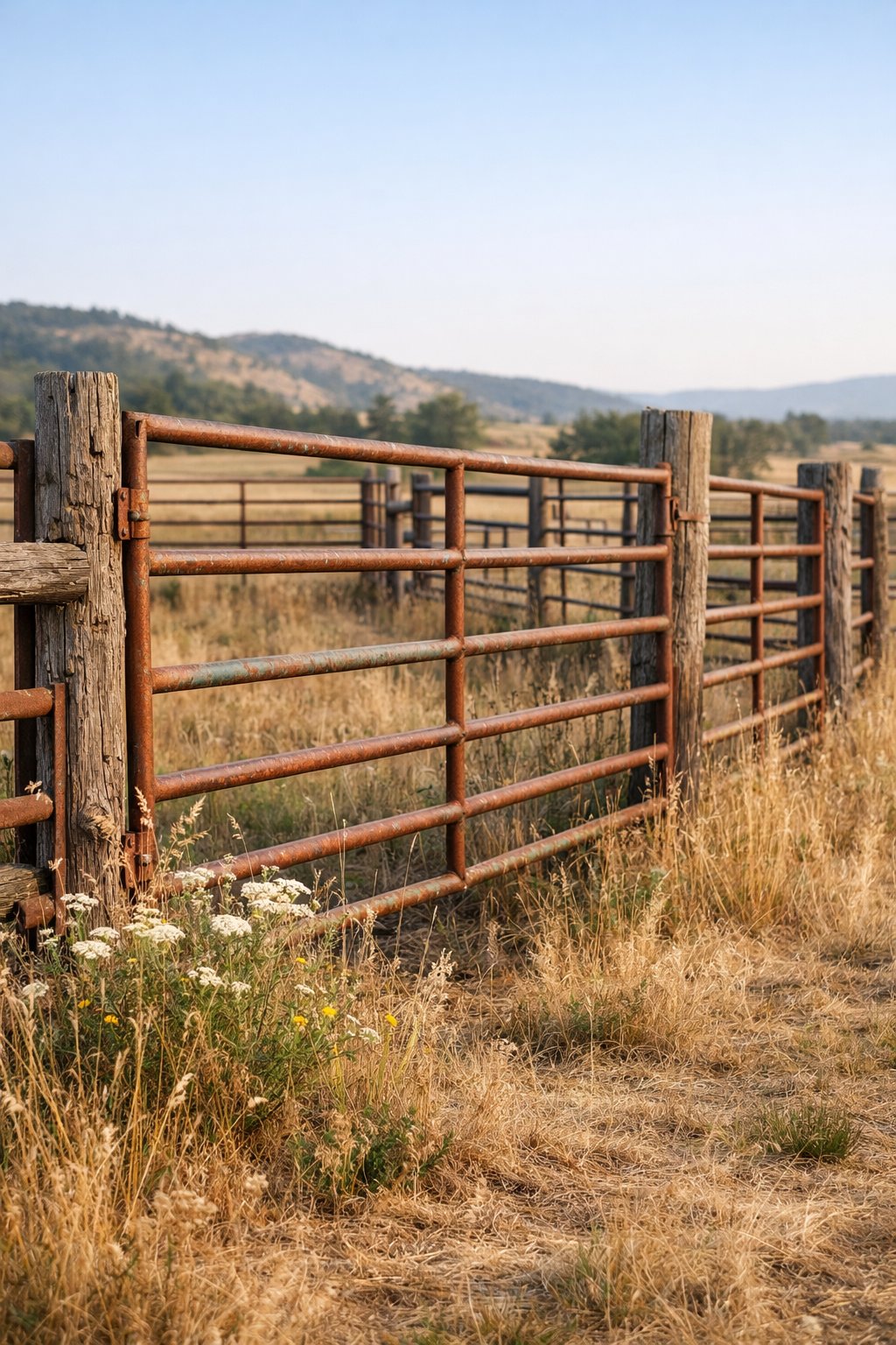 A weathered metal cattle panel fence in a rural landscape with dry grass and rolling hills in the background.