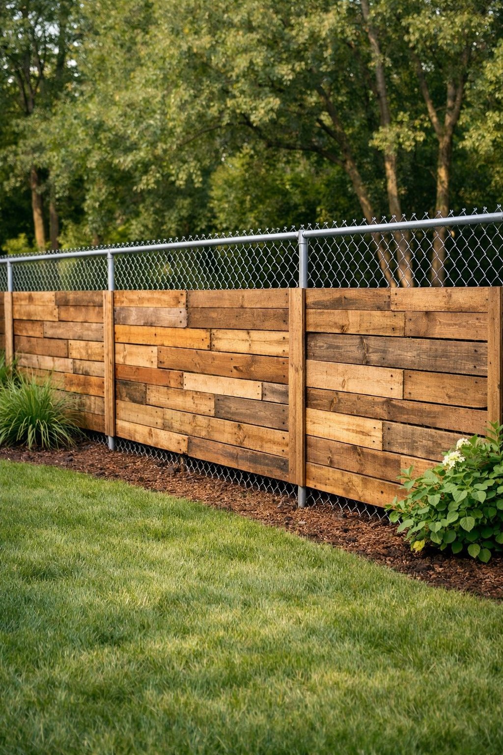 Backyard with a chain link fence decorated with attached wooden pallet panels and green grass.