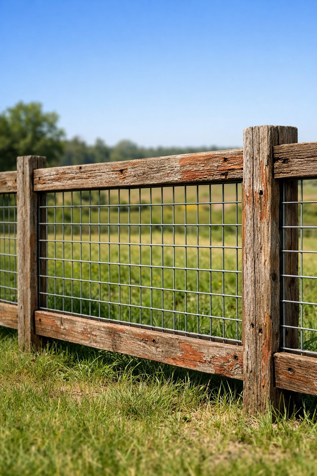 A rustic fence made from metal cattle panels framed with recycled barn wood in a sunny rural field.