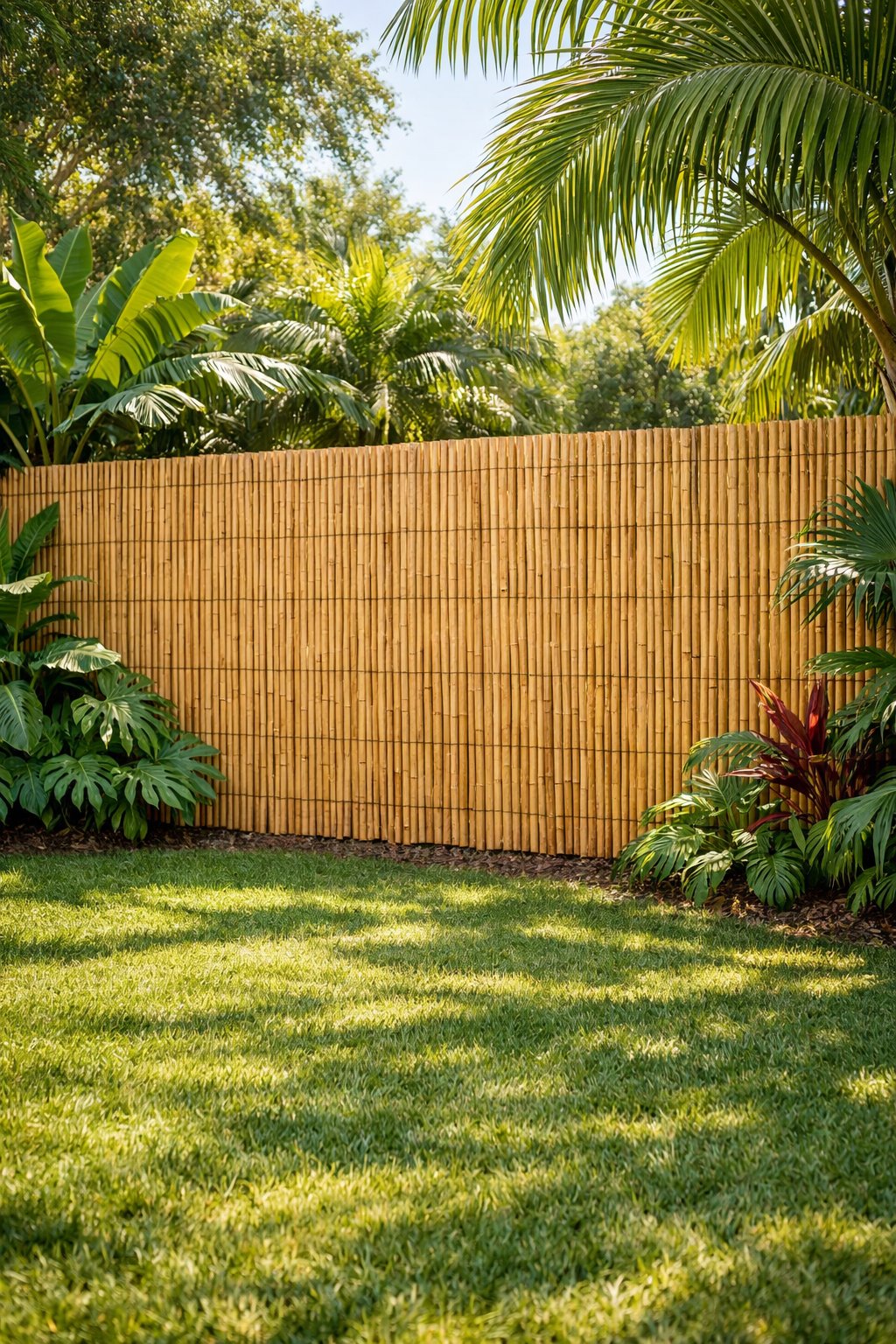 Backyard chain link fence covered with bamboo rolls surrounded by tropical plants and green lawn.