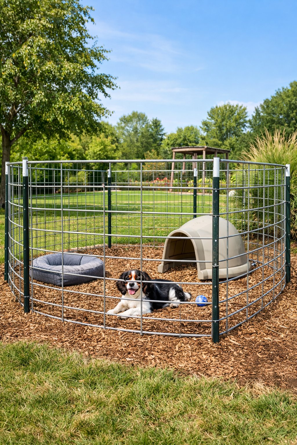 An outdoor pet enclosure made with cattle panel fencing and soft ground covering, with a small dog inside.