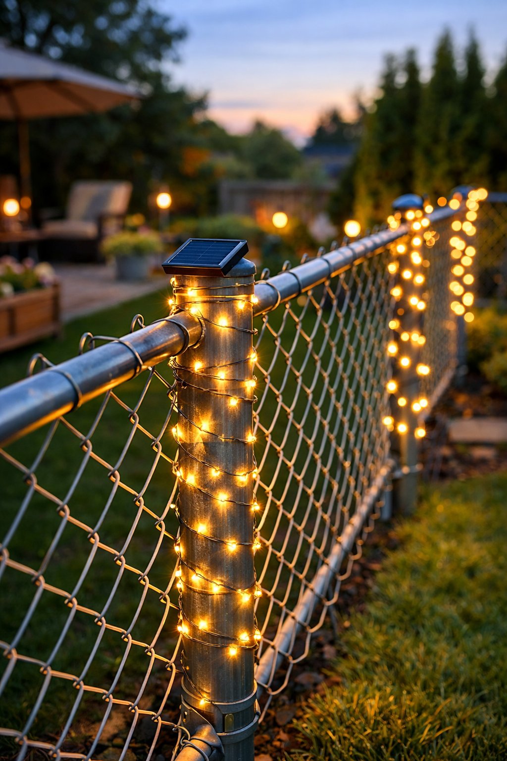 Backyard chain link fence with solar fairy lights wrapped around the fence posts glowing softly at dusk.