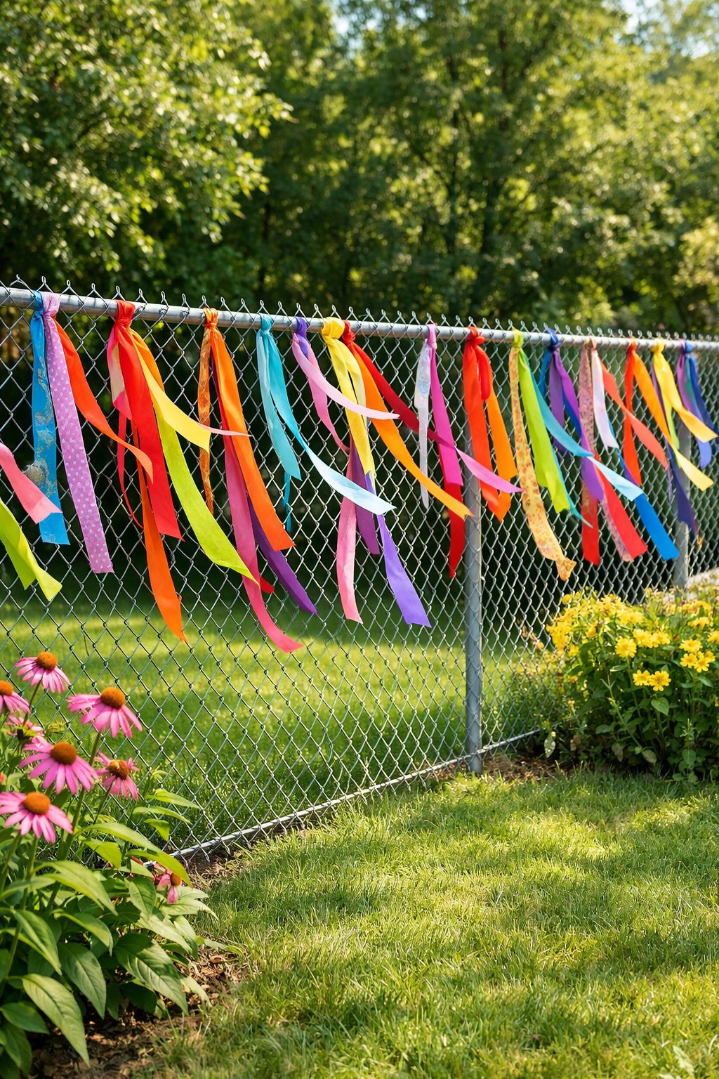 Backyard chain link fence decorated with colorful ribbons and fabric strips gently blowing in the breeze.