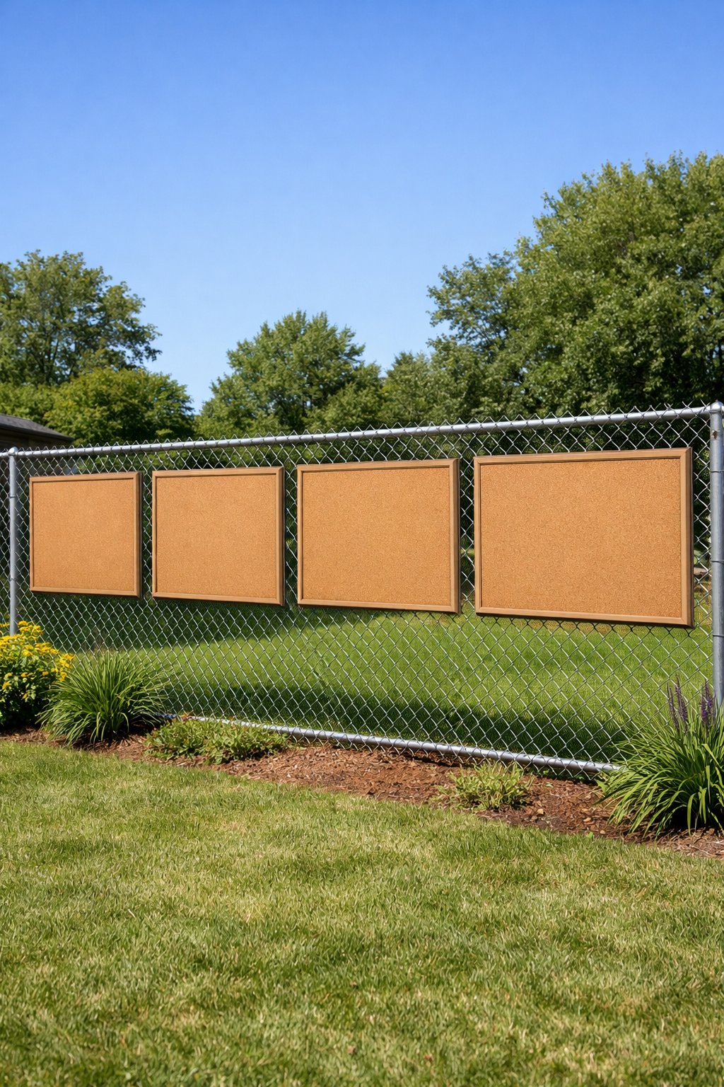 Backyard with a chain link fence featuring several empty weatherproof cork boards attached for community notices.