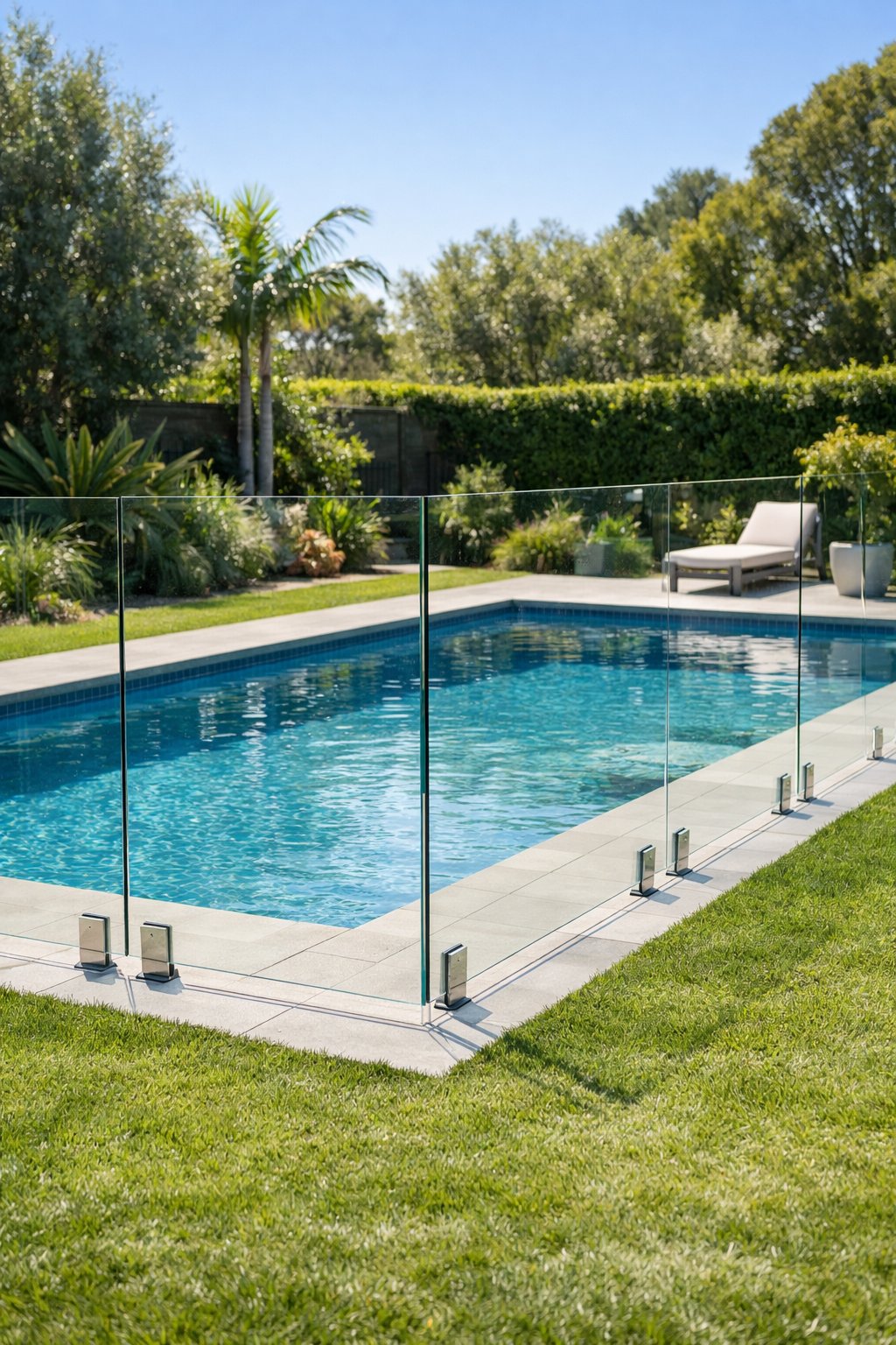 Backyard swimming pool surrounded by clear frameless glass panels as a safety fence with green grass and landscaping.