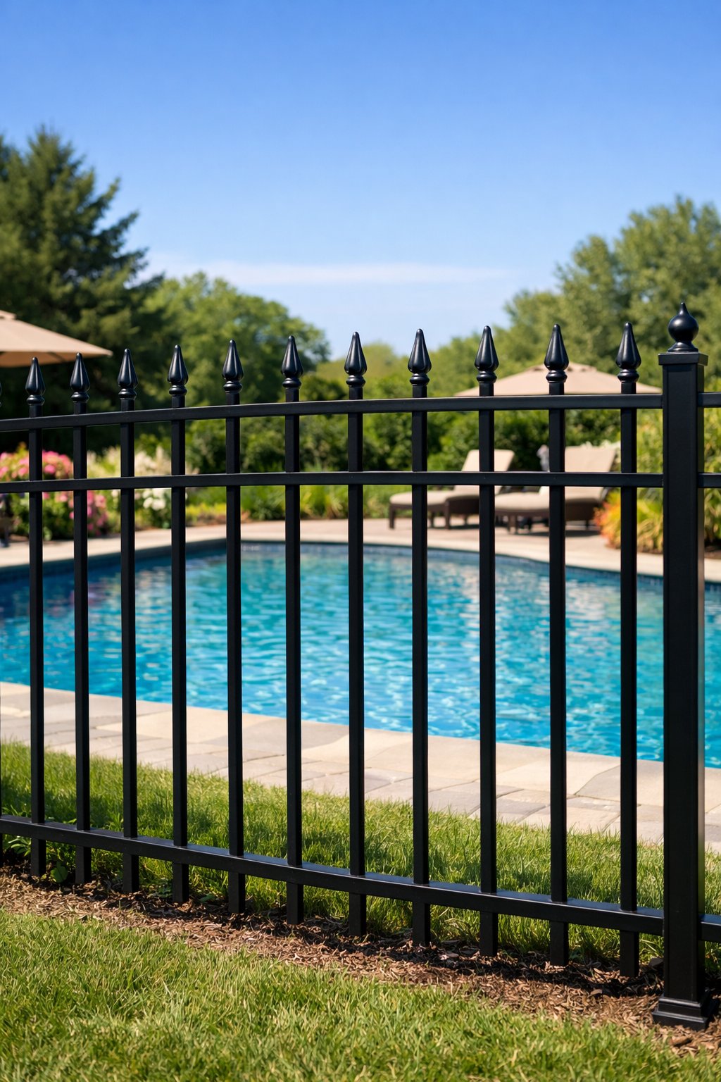 A black wrought iron fence enclosing a backyard swimming pool with green grass and plants around it under a clear sky.