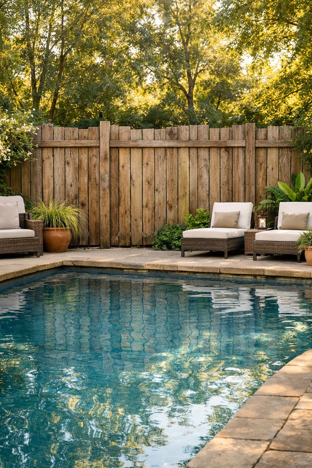 Backyard pool surrounded by a rustic wooden fence with green plants and trees in the background.