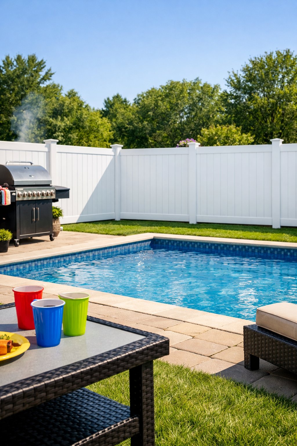 Backyard with a white vinyl pool fence surrounding a swimming pool, a lawn, and a patio area with a grill and cups nearby.