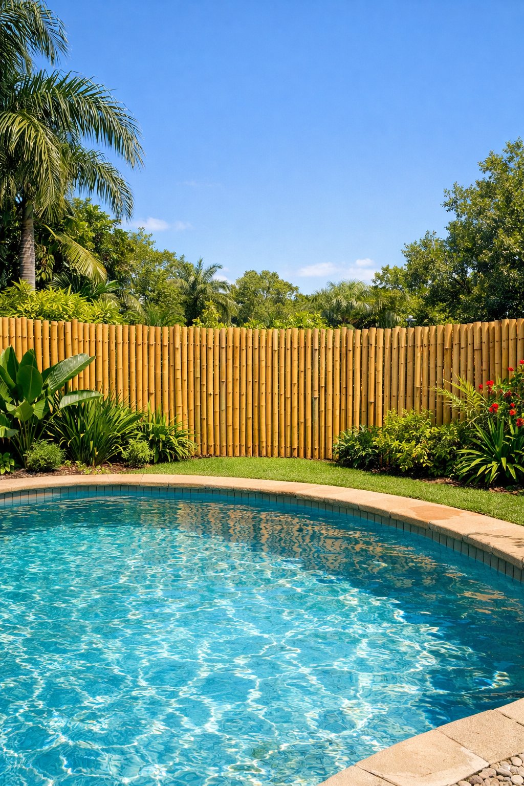 Backyard swimming pool enclosed by a tall bamboo fence surrounded by green plants and trees on a sunny day.