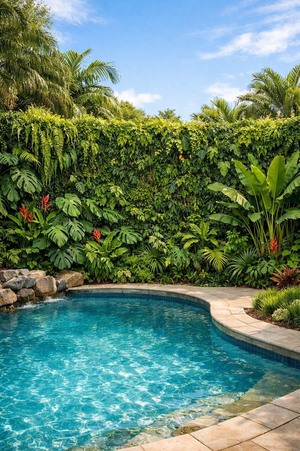 Backyard pool surrounded by a green living wall fence covered with dense tropical plants and vines.