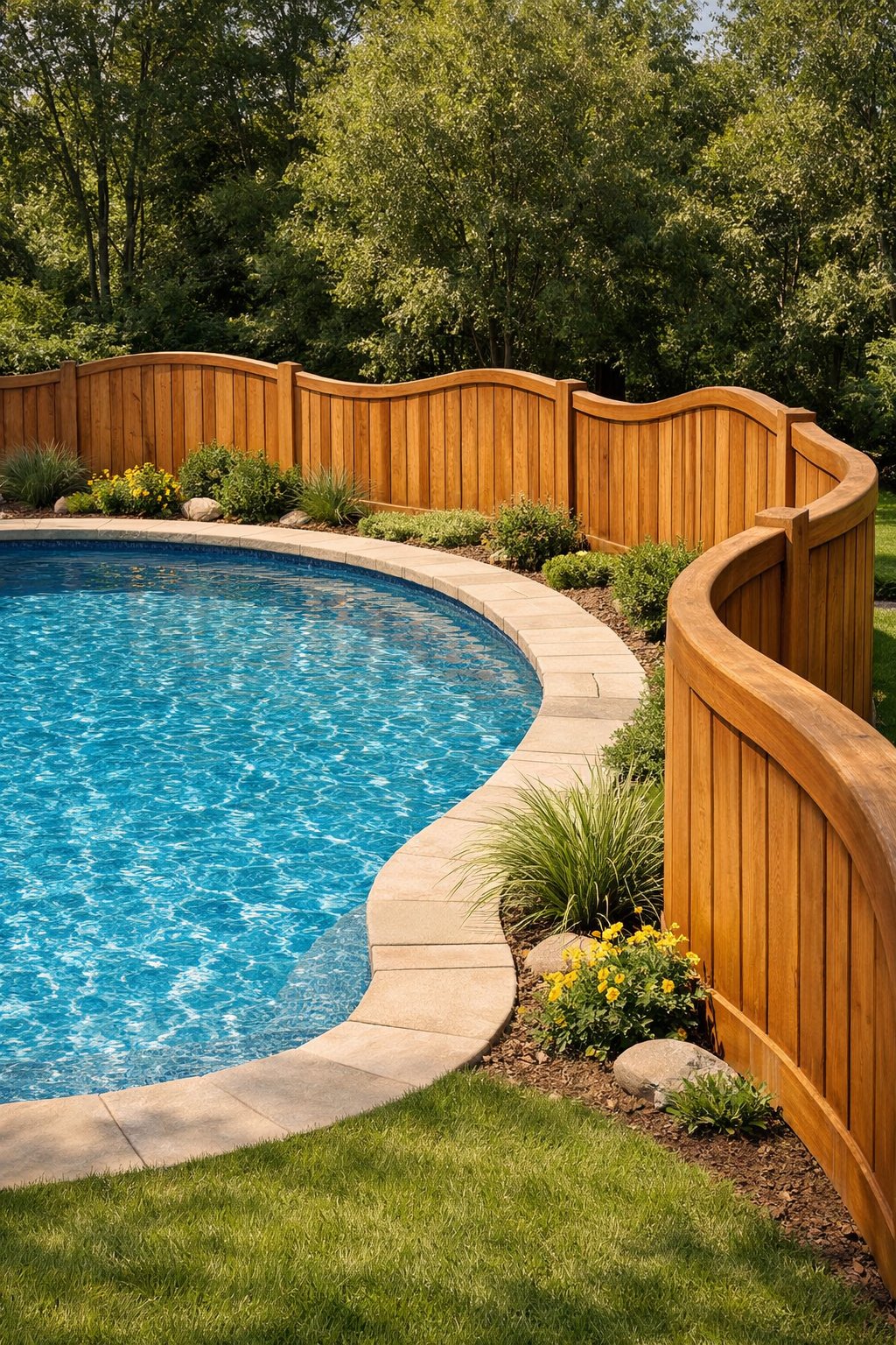 A backyard with a clear swimming pool surrounded by a curved wooden fence and green grass.