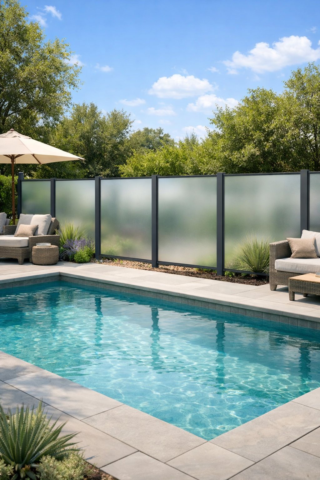 Backyard swimming pool area with a fence made of frosted glass panels providing privacy, surrounded by green plants and outdoor furniture.