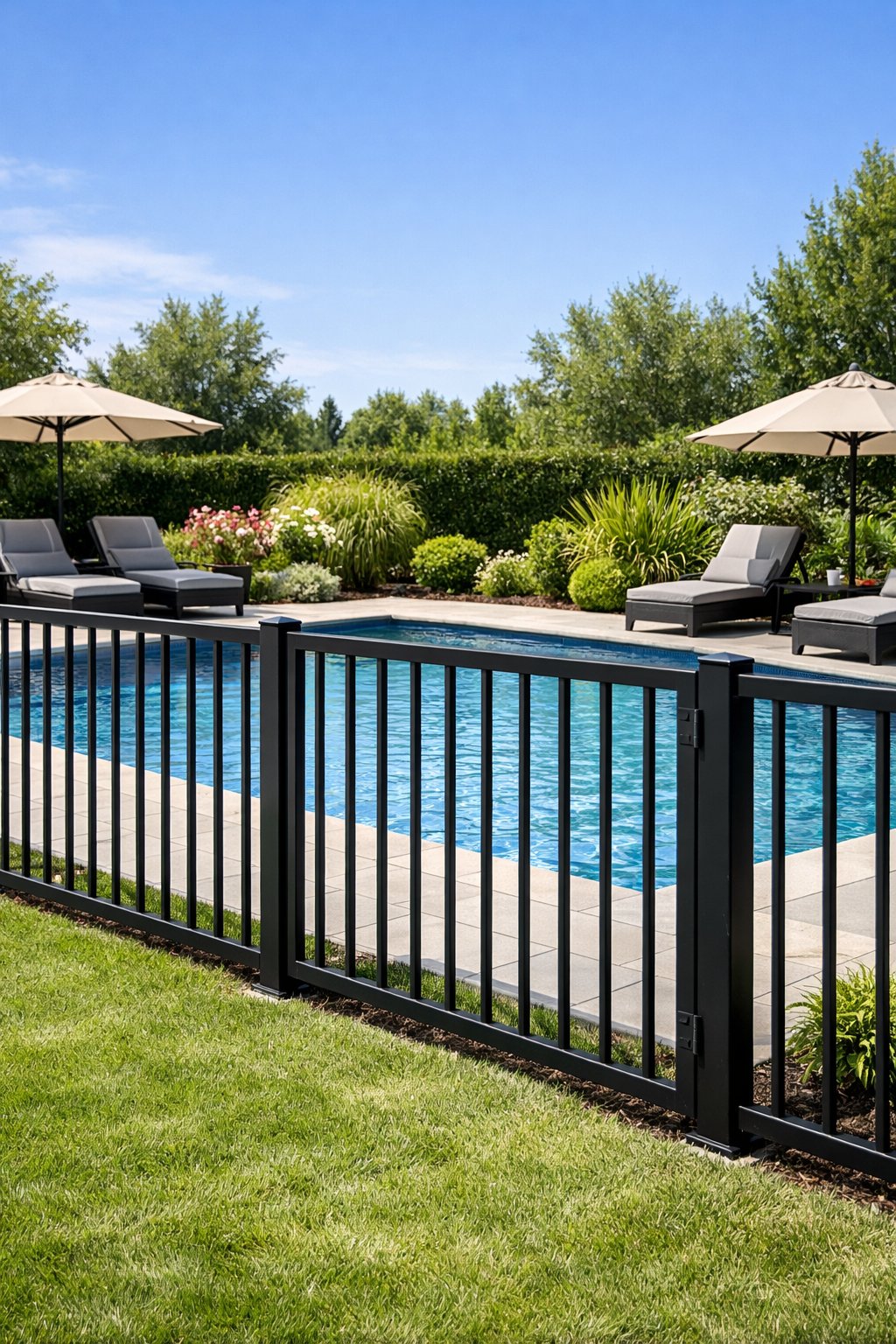 Backyard with a black steel fence surrounding a swimming pool, green grass, and poolside furniture.