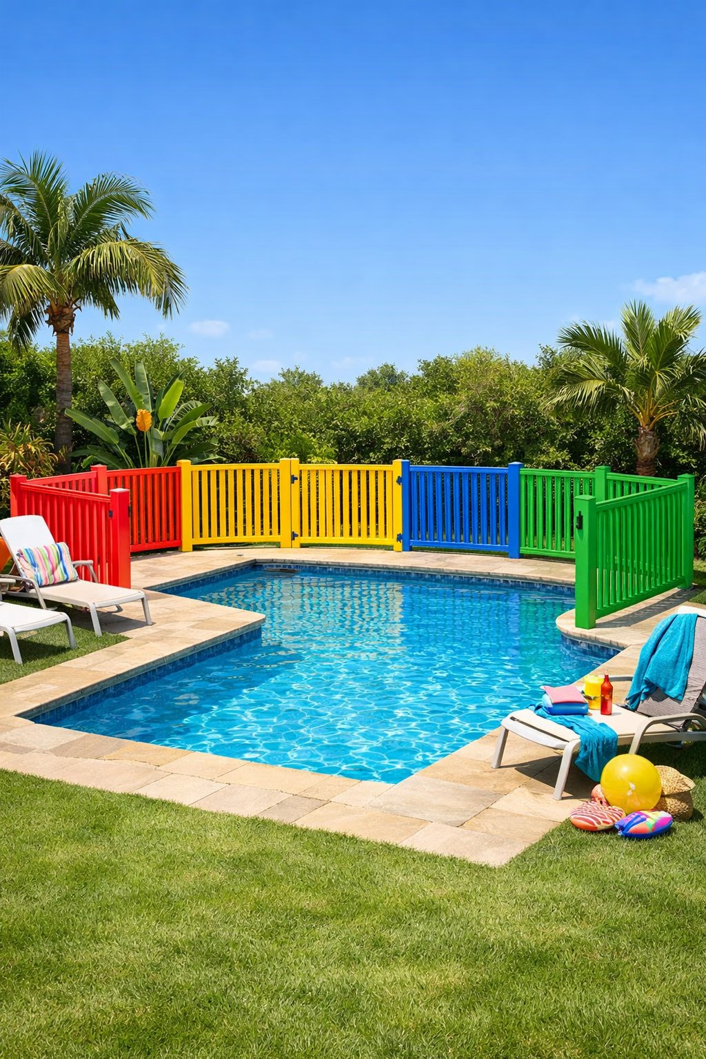 Backyard swimming pool surrounded by colorful PVC fences in red, yellow, blue, and green with green grass and plants around.