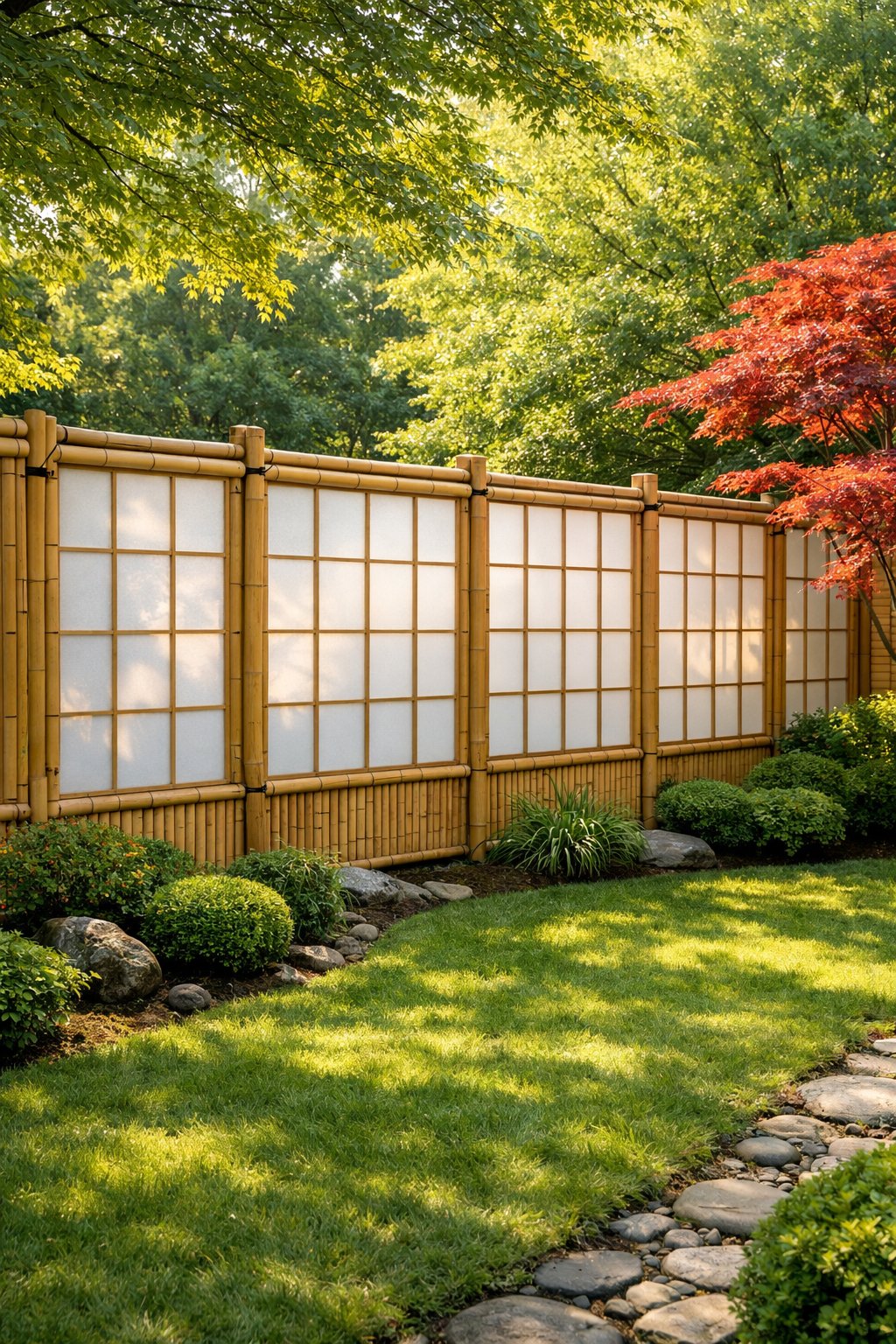 A backyard garden with a bamboo and shoji paper fence surrounded by green grass, shrubs, and Japanese maple trees.