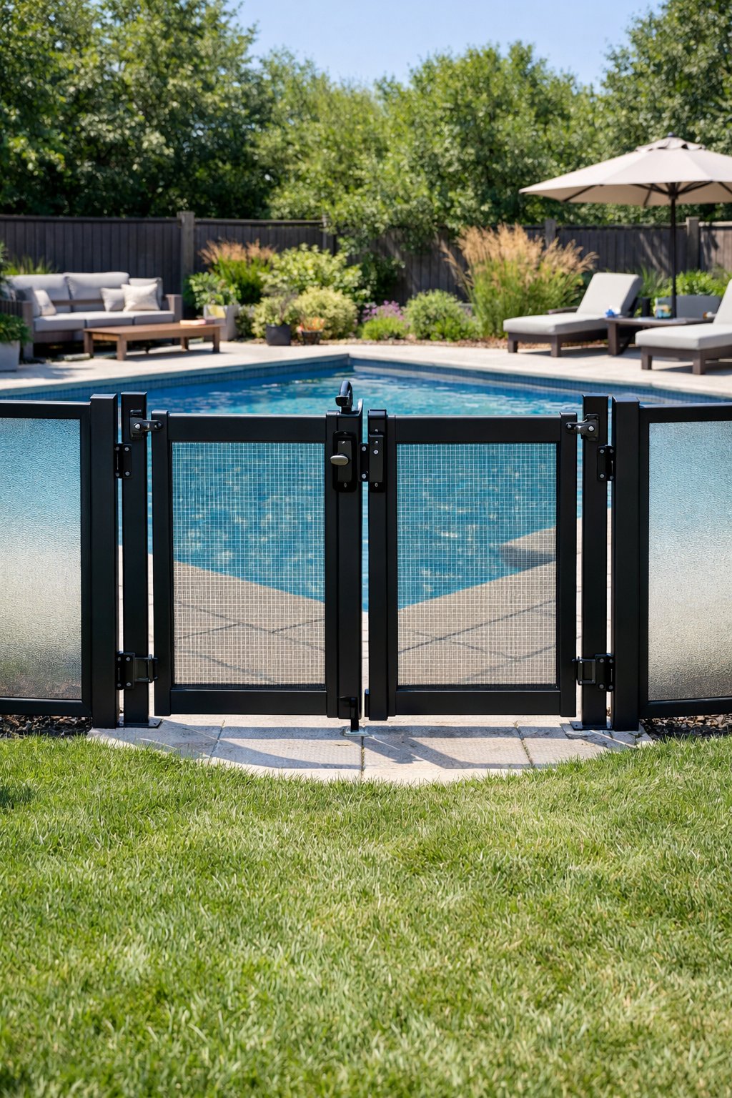 Backyard with a swimming pool enclosed by a fence featuring double self-closing gates for safety.