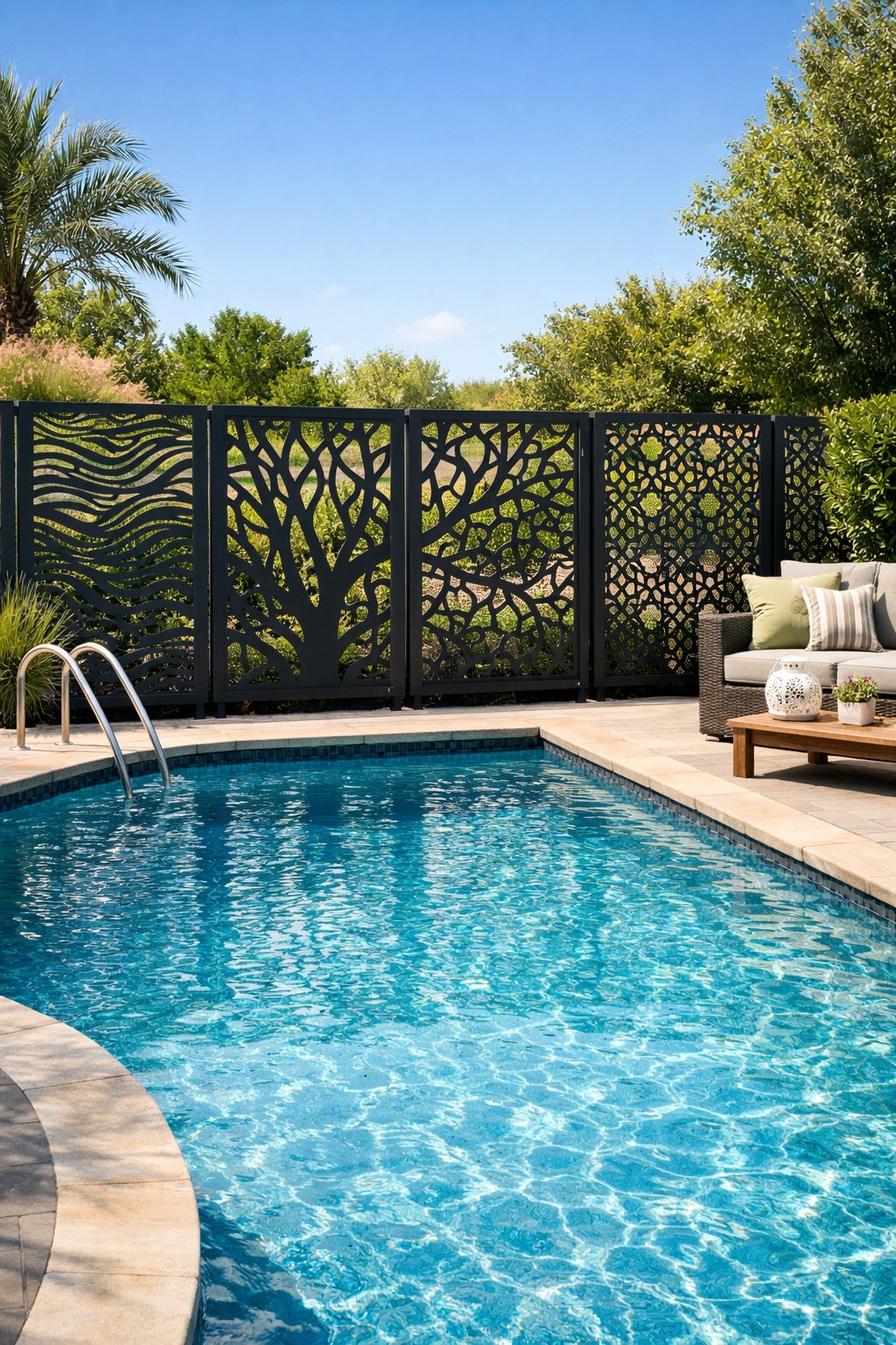 Backyard swimming pool surrounded by decorative metal panels with intricate cut-out designs, green plants, and outdoor furniture.
