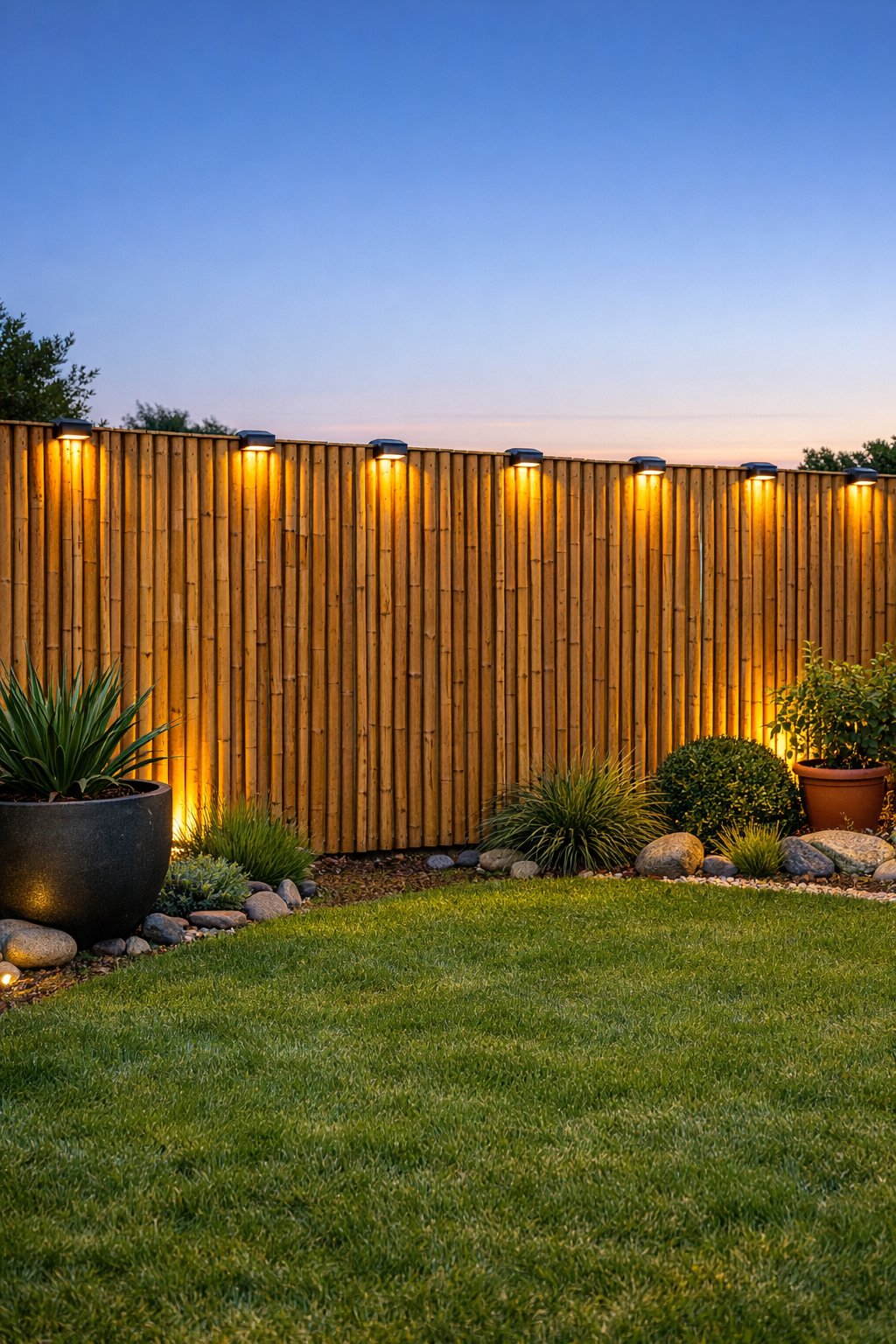 A backyard with a bamboo fence featuring small solar lights glowing softly along the top, surrounded by green grass and plants.