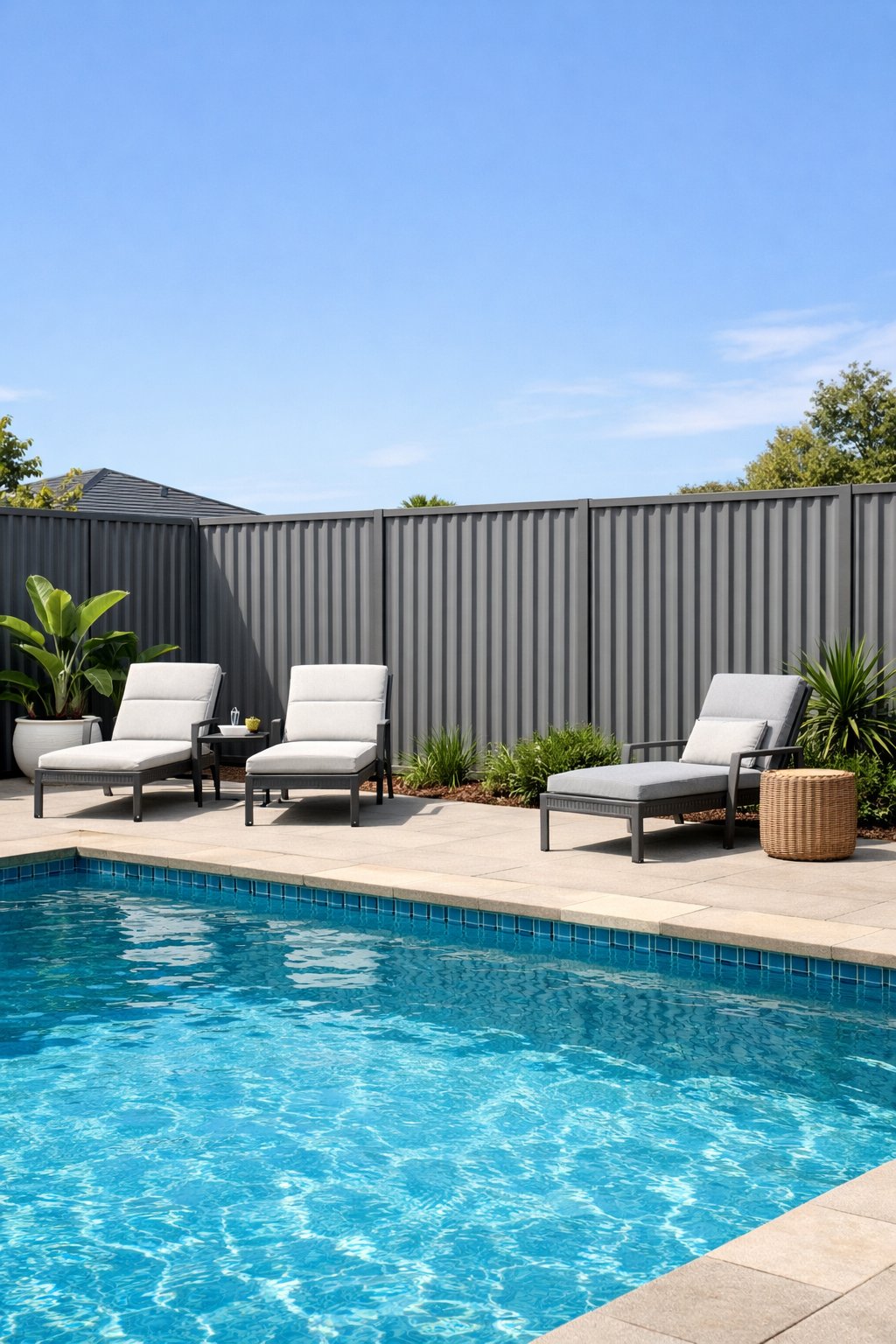 Backyard swimming pool surrounded by a corrugated metal fence with outdoor lounge chairs and plants nearby.
