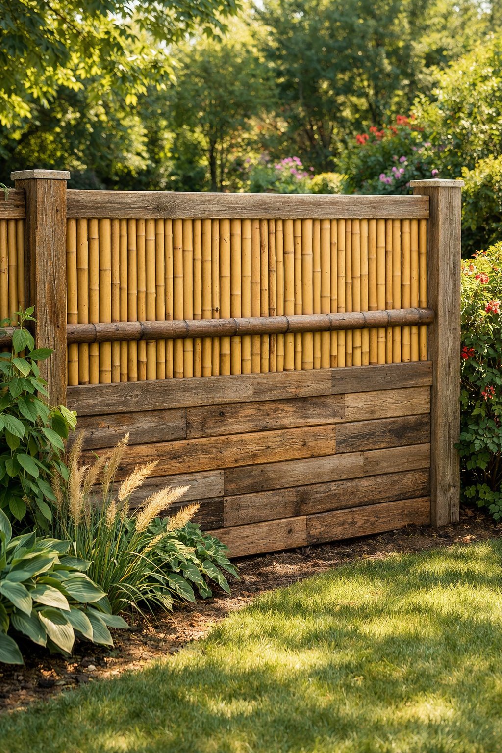 A backyard fence made of bamboo and recycled wood surrounded by green plants and garden foliage.