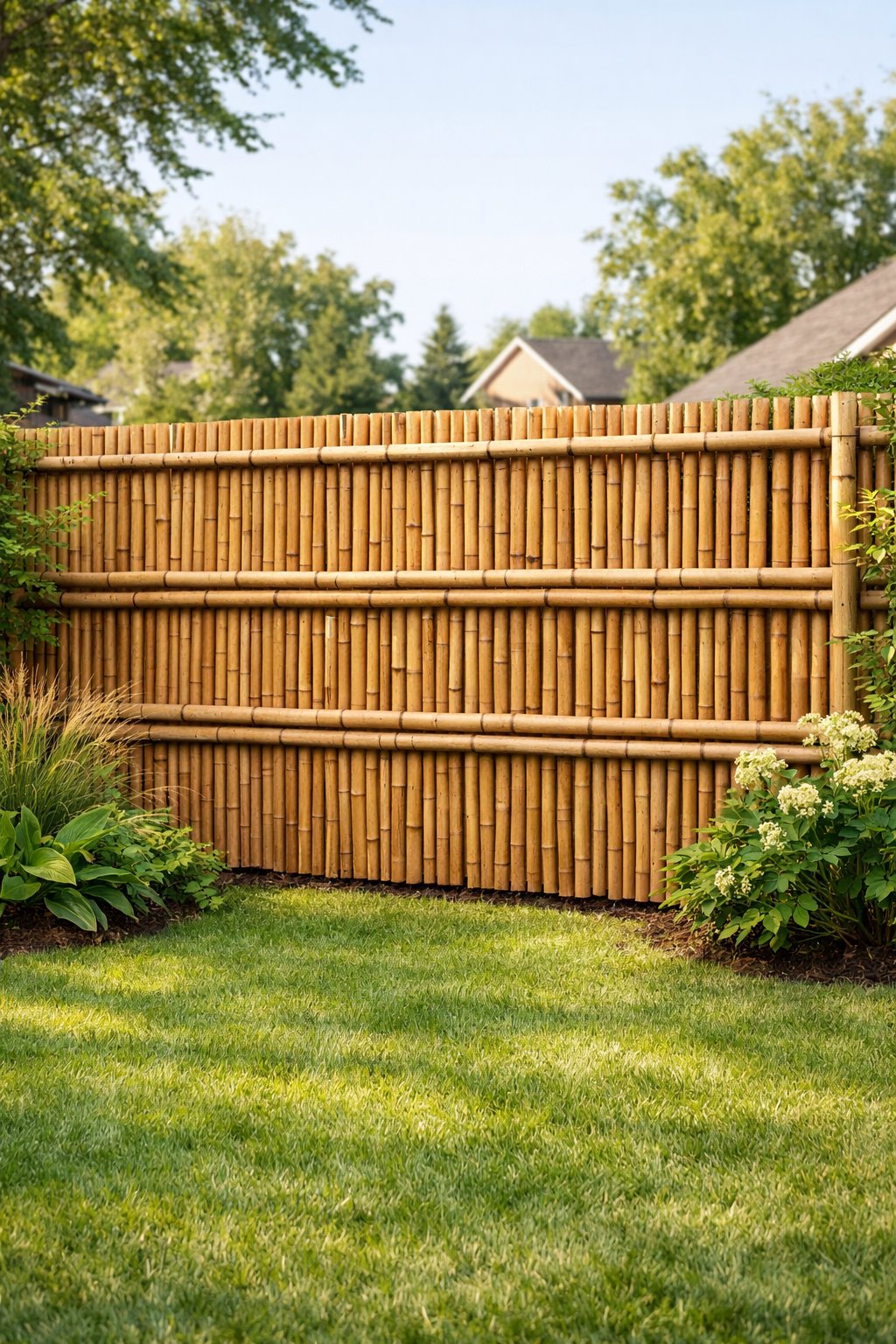 Backyard with a double-layered bamboo fence surrounded by green plants and grass.