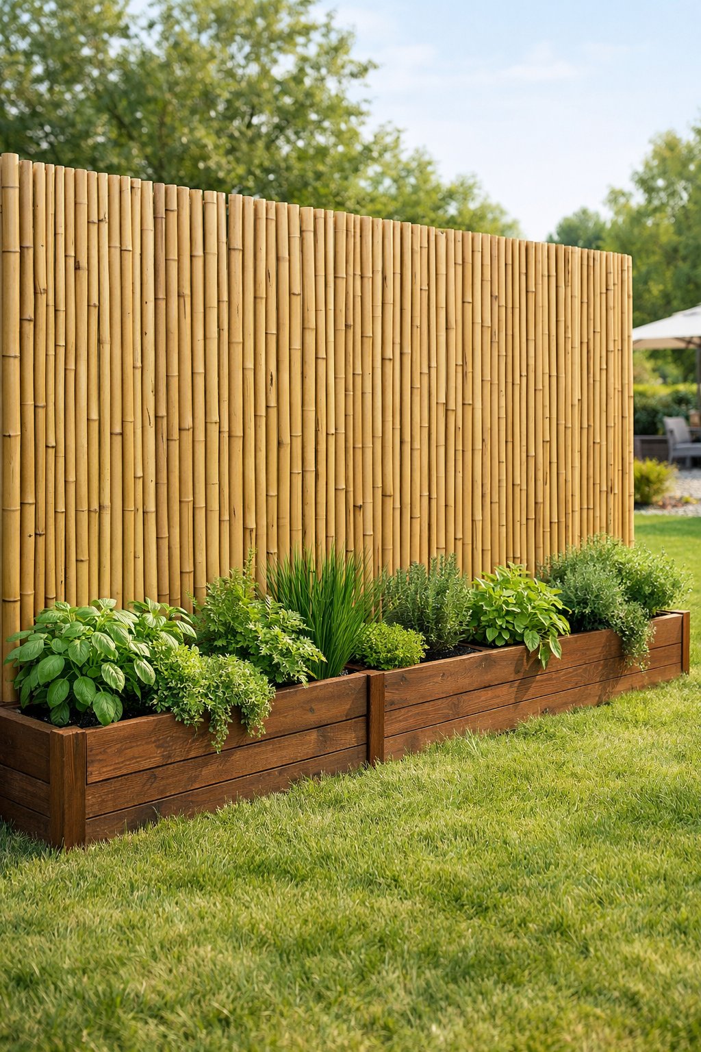 Backyard with a bamboo privacy screen and planter boxes filled with green plants.