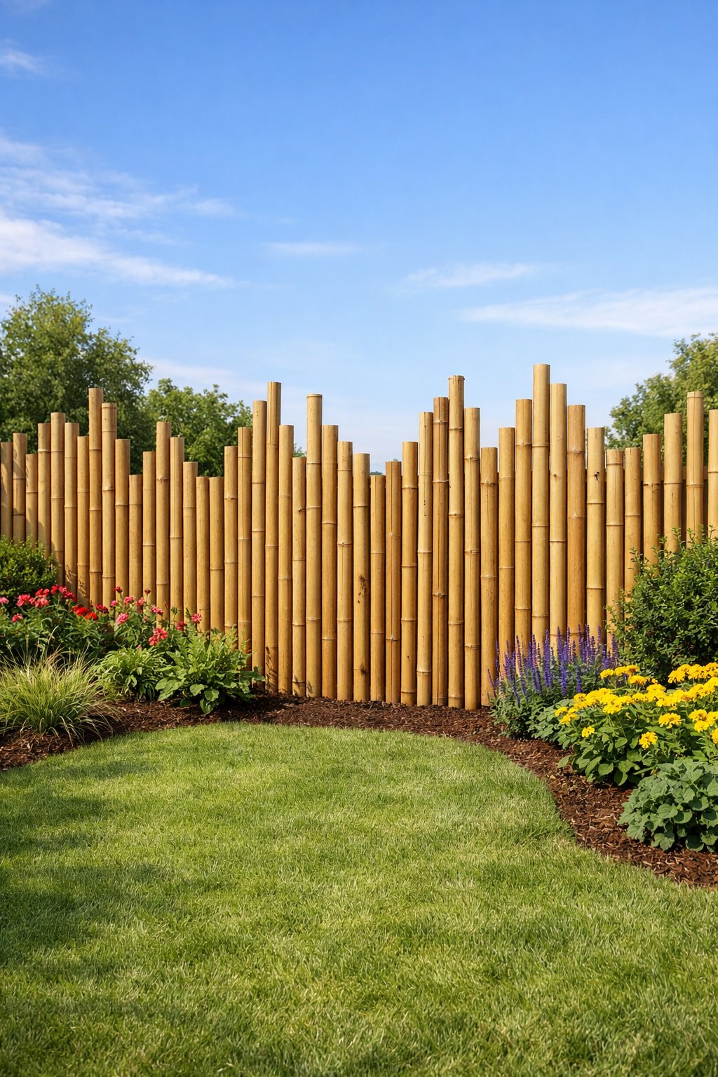 Backyard with a staggered bamboo poles fence surrounded by green grass, flowers, and shrubs under a clear sky.