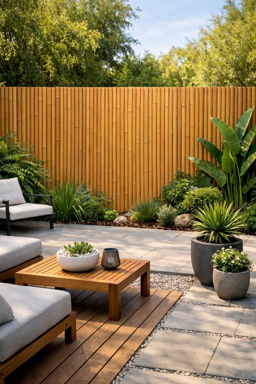 Backyard with a smooth matte finish bamboo fence surrounded by green plants and garden elements.