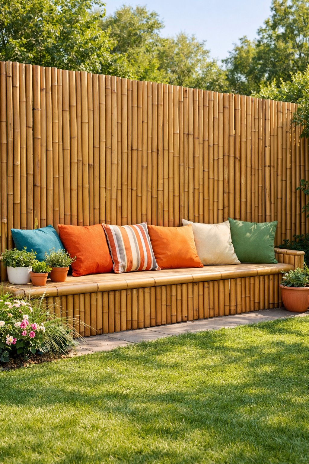 Backyard with a bamboo fence that has built-in seating along its base, surrounded by plants and greenery.