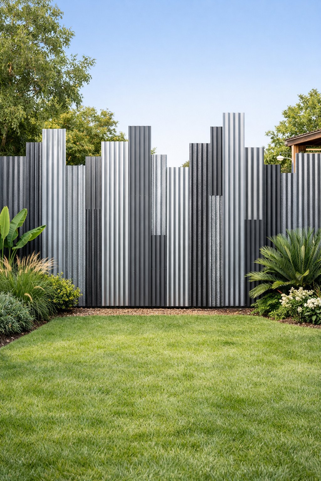 Backyard with a corrugated metal fence made of vertical panels of different heights surrounded by green plants and grass.