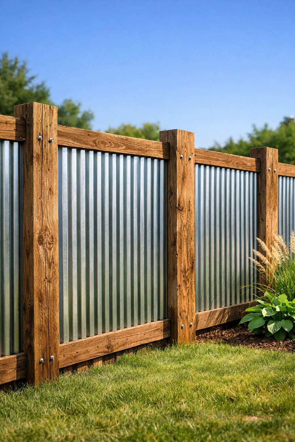 Backyard fence made of corrugated metal panels supported by wooden posts surrounded by grass and plants.