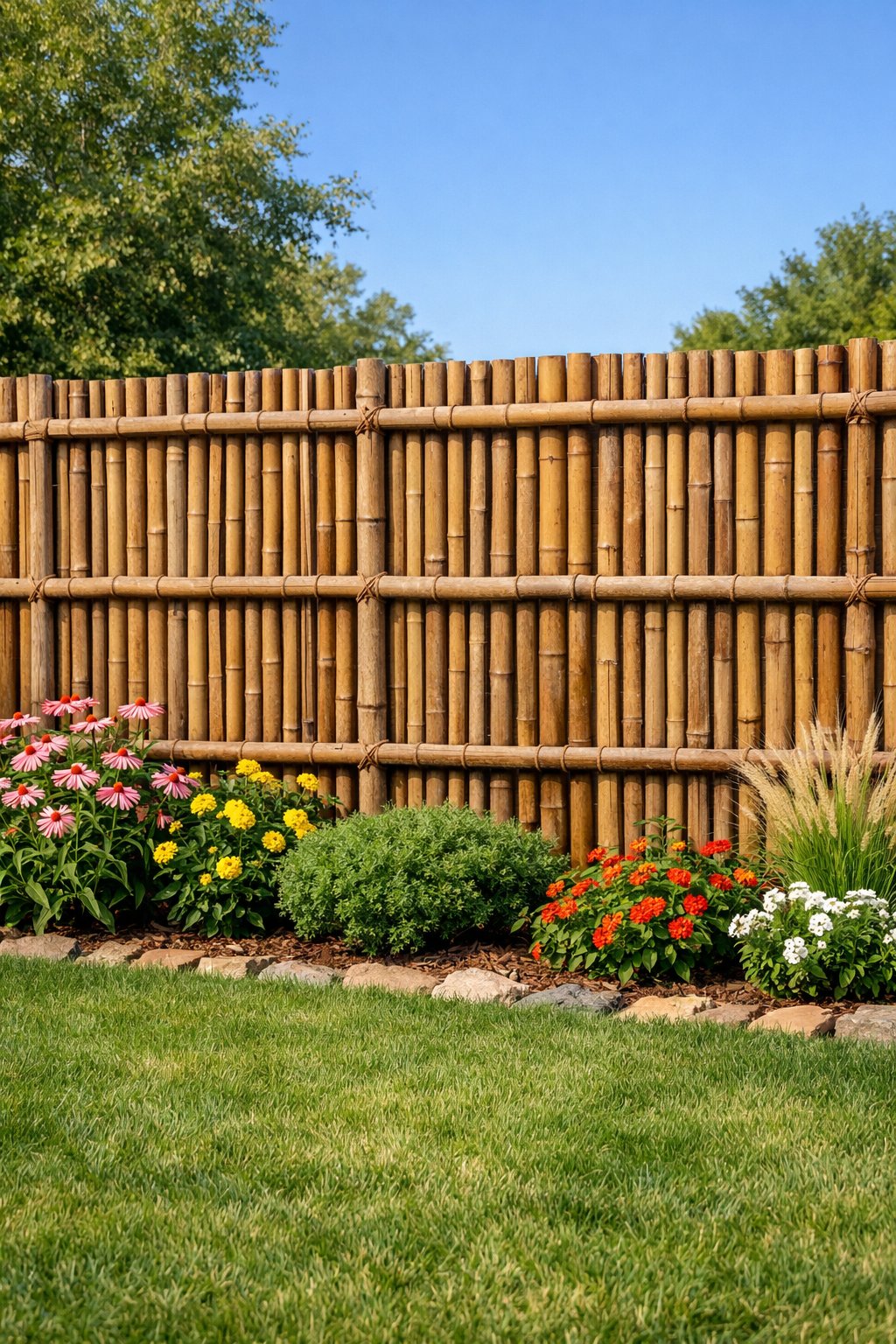 Backyard with a bamboo pallet fence surrounded by grass, flowering plants, and shrubs under a clear sky.