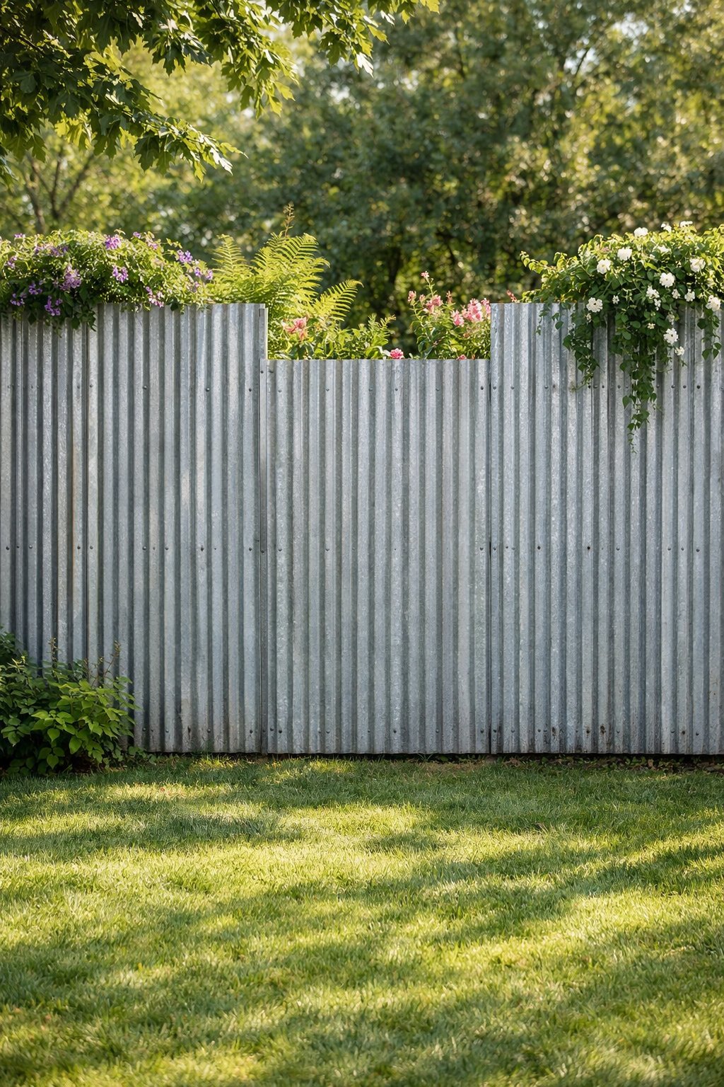 Backyard with a tall corrugated metal fence enclosing a hidden garden area filled with plants and greenery.