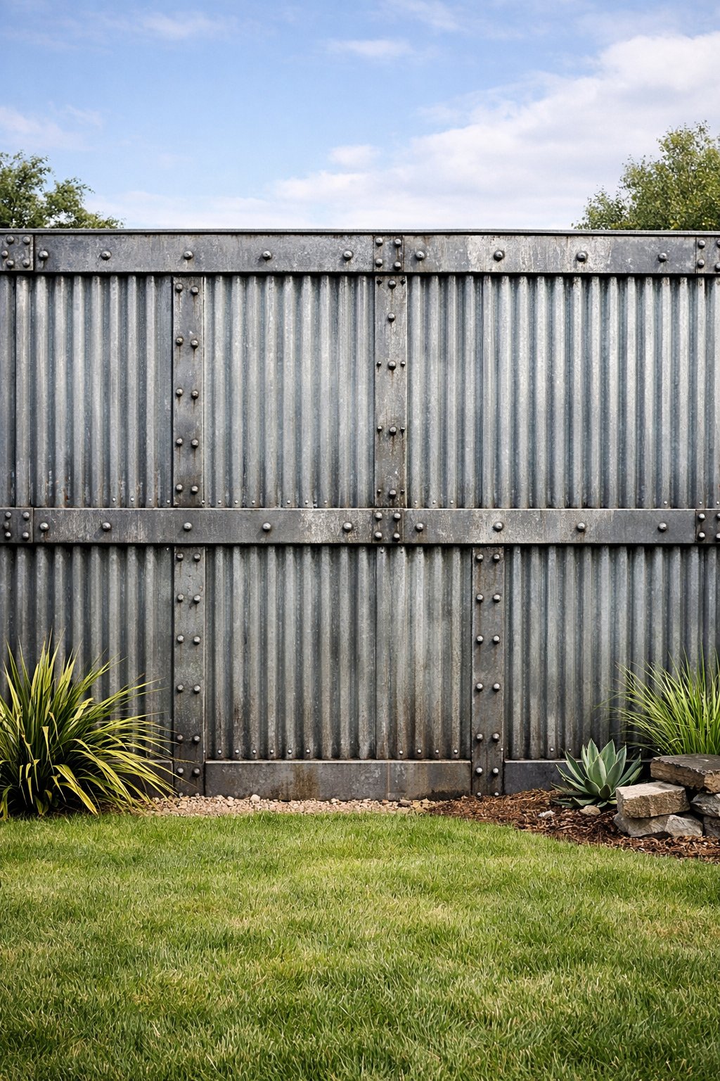 Backyard with a corrugated metal fence made of raw steel panels with exposed bolts and some plants nearby.