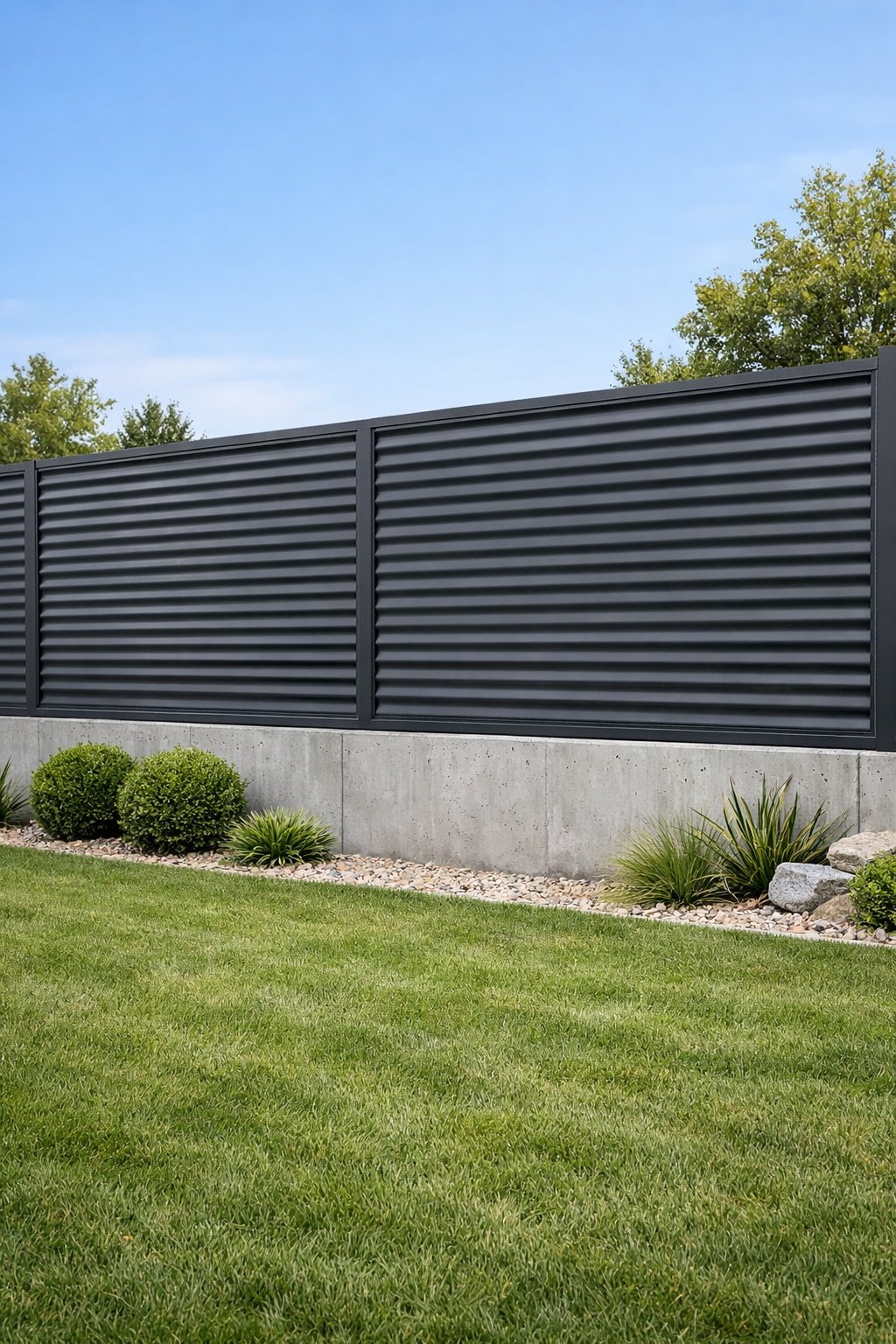 Backyard with a corrugated metal fence mounted on a concrete base, surrounded by grass and plants.