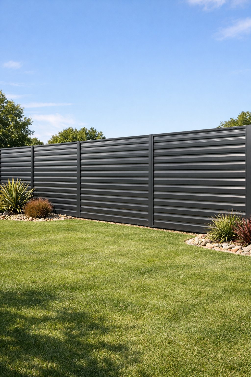 A backyard with a long corrugated metal fence extending horizontally, surrounded by green grass and plants under natural daylight.