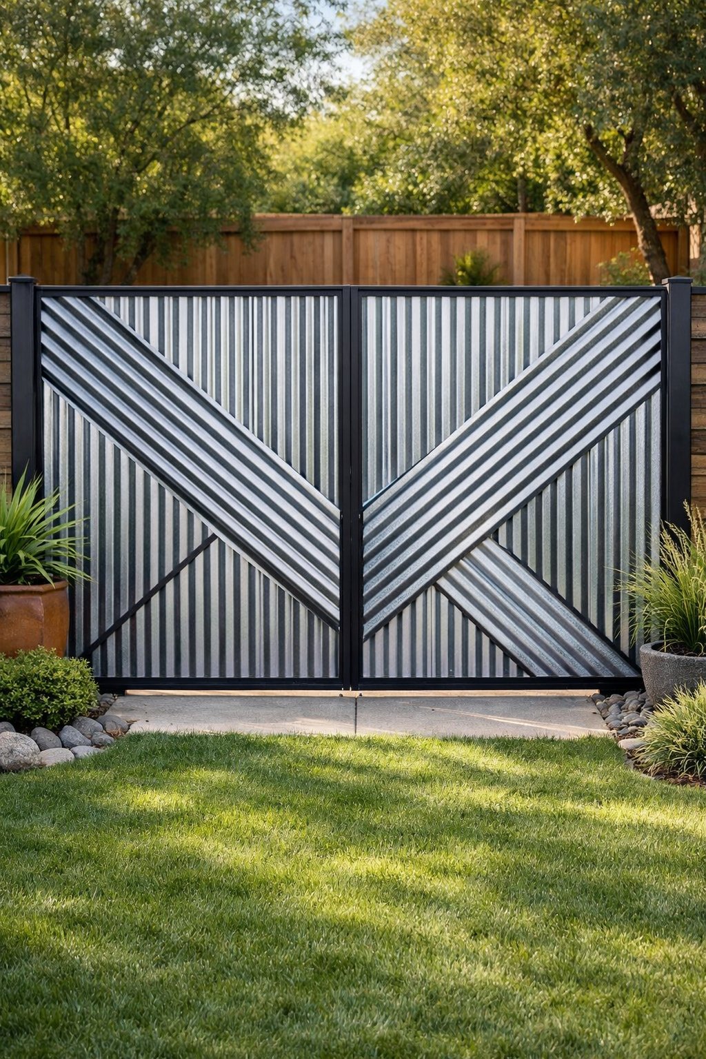 Backyard with a corrugated metal gate featuring a bold geometric pattern surrounded by plants and grass.