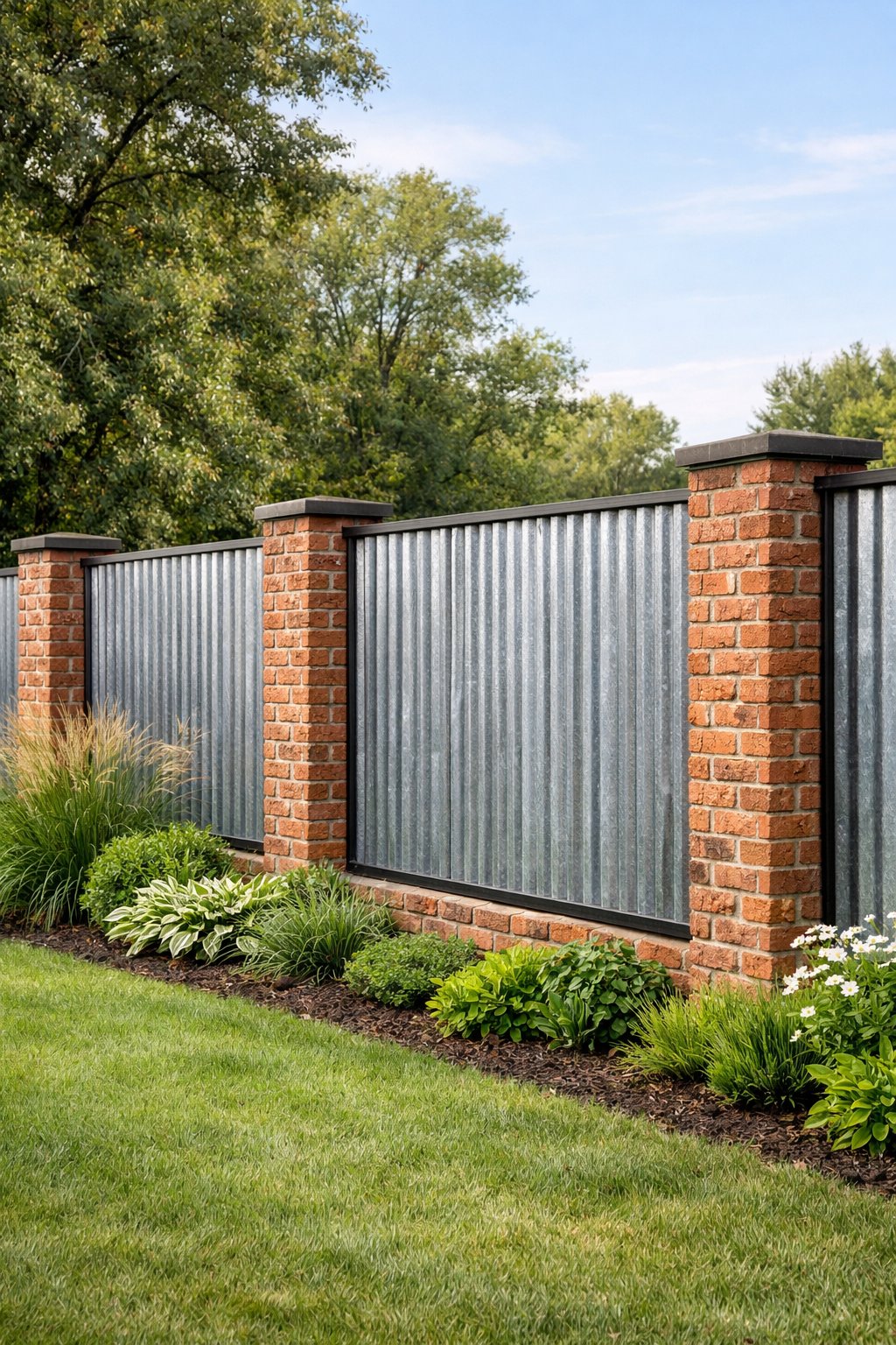 Backyard fence combining corrugated metal panels and brick columns surrounded by grass and plants.