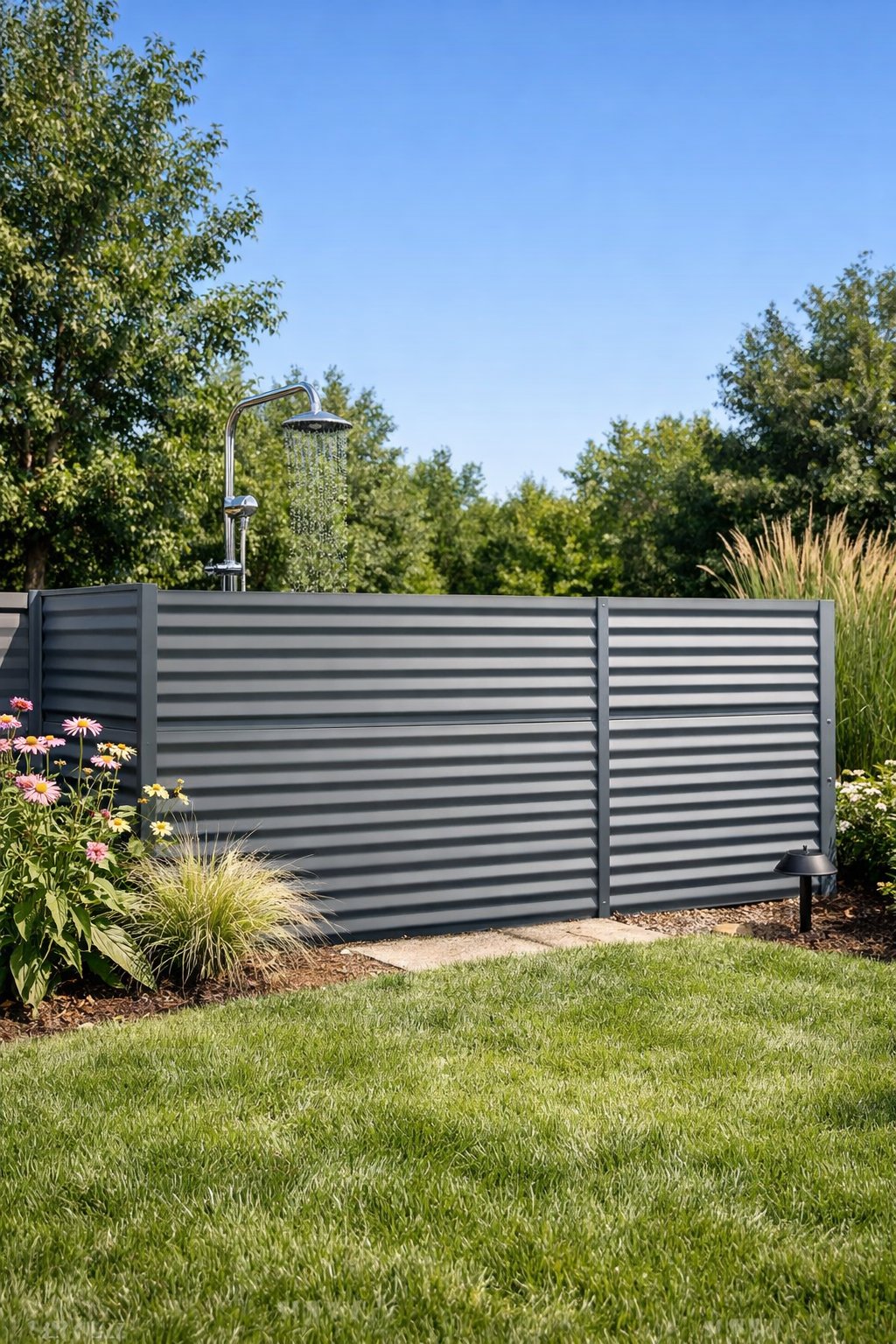 Backyard with a shortened corrugated metal fence creating a private outdoor bathroom barrier surrounded by grass and plants.