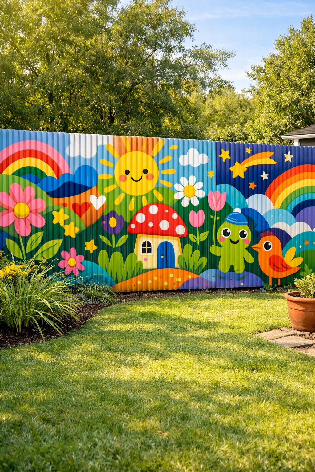 A backyard with a corrugated metal fence painted with colorful whimsical patterns and murals, surrounded by green grass and plants.