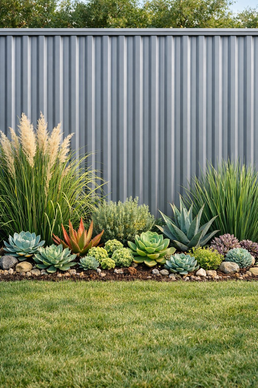 A backyard with a corrugated metal fence and a garden border of tall grasses and succulents planted along its base.