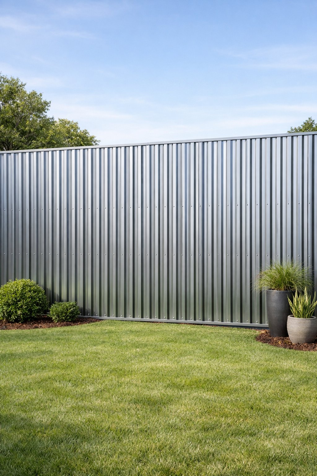 Backyard with a tall privacy fence made of corrugated metal panels extending fully from the ground up, surrounded by green grass and small plants.
